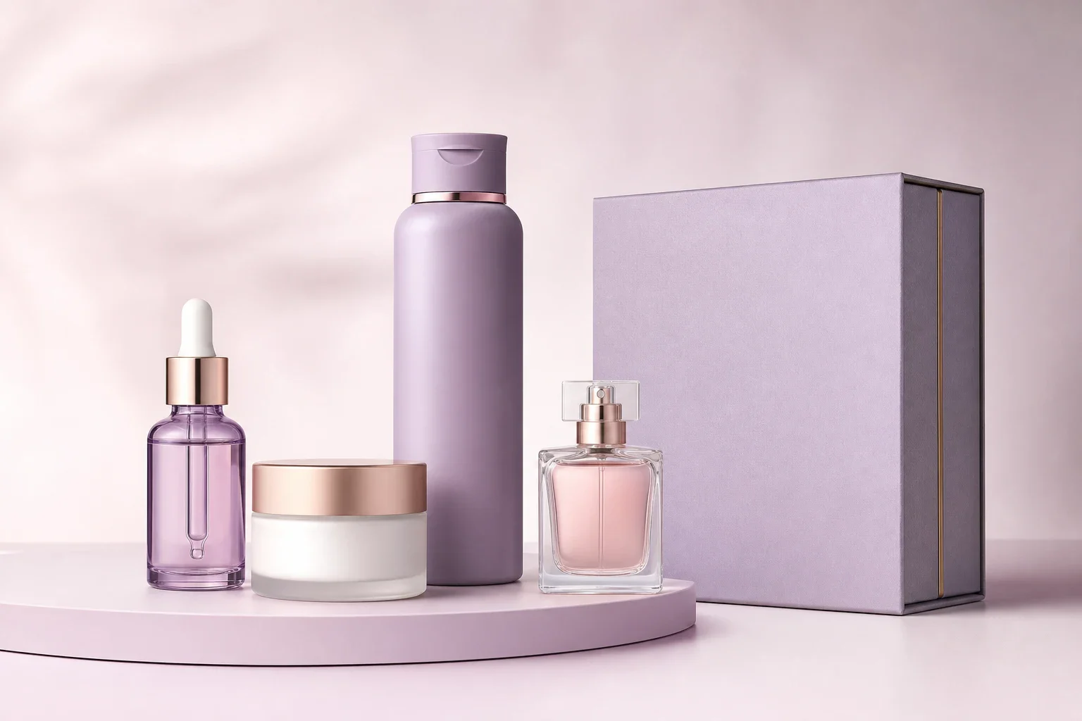 Care set with serum, cream, perfume, and gift packaging
