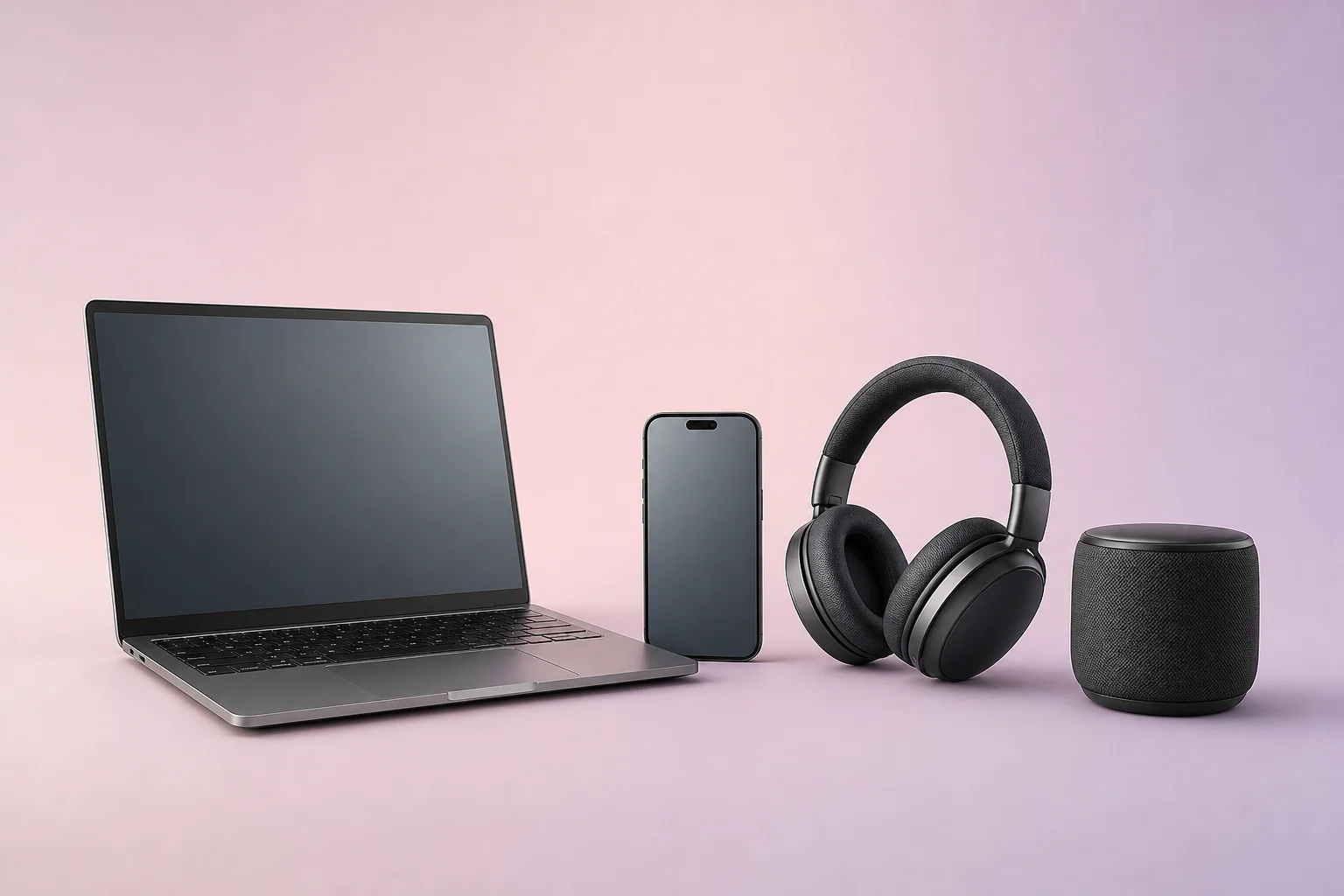 Catalog set with laptop, smartphone, headphones, and speaker