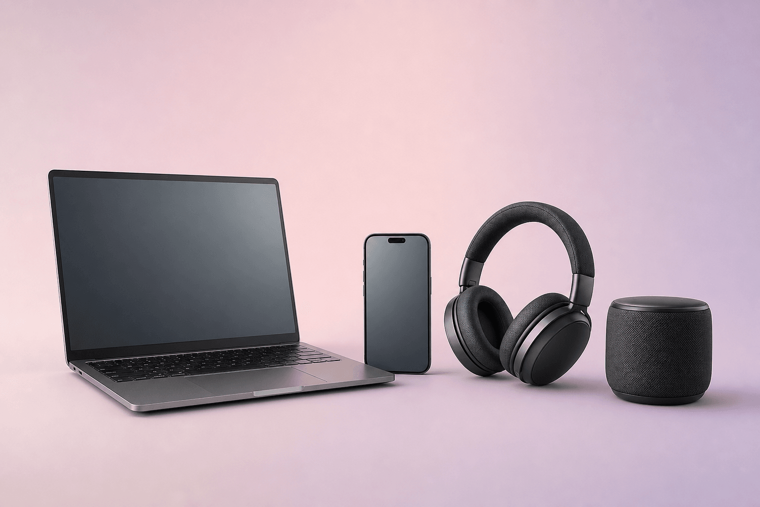 Catalog set with laptop, smartphone, headphones, and speaker