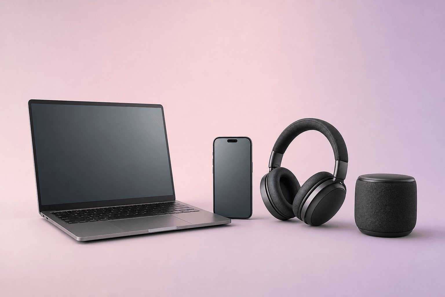 Catalog set with laptop, smartphone, headphones, and speaker