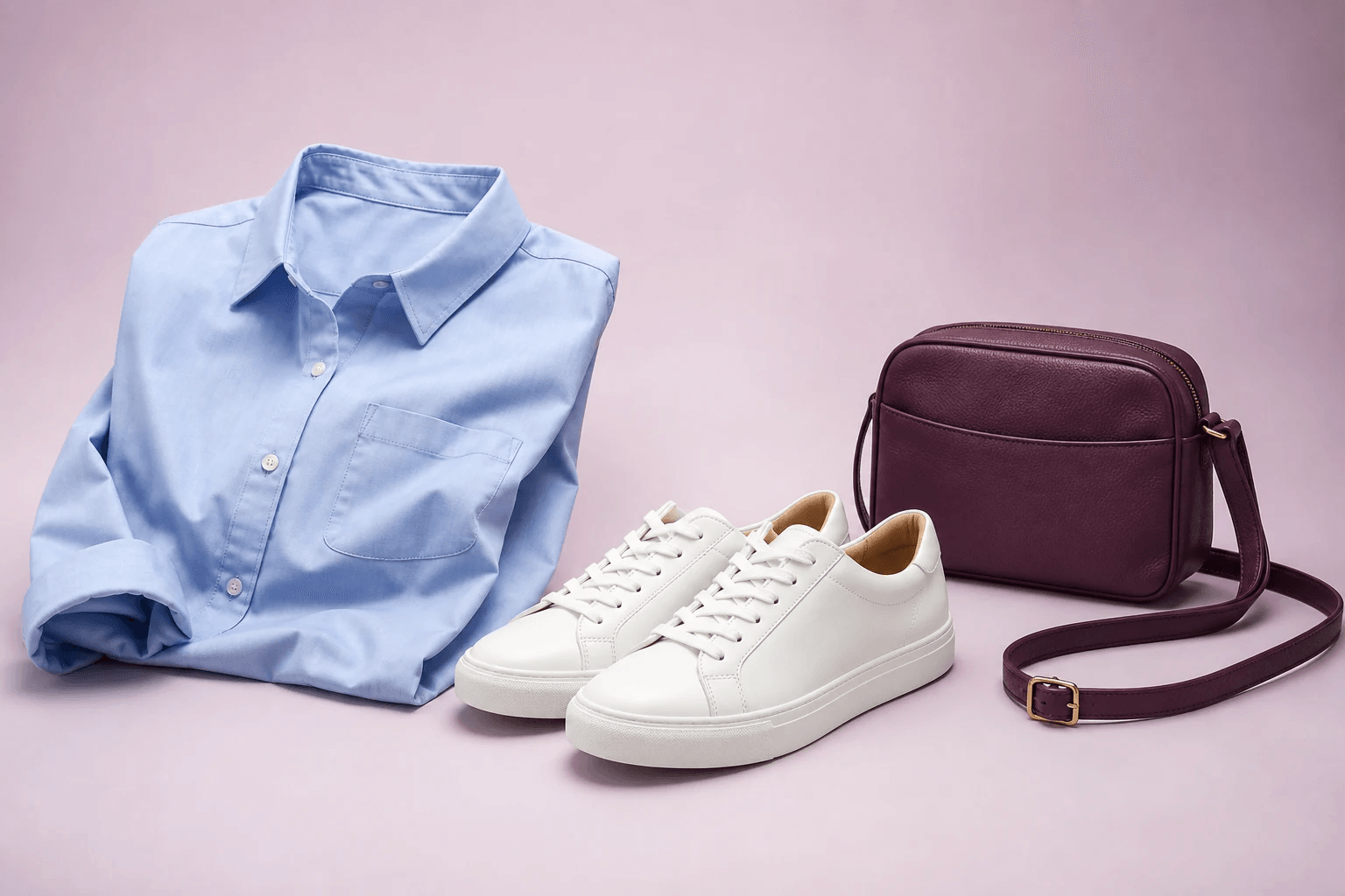 Catalog image of a shirt, sneakers, and a bag as a complete set