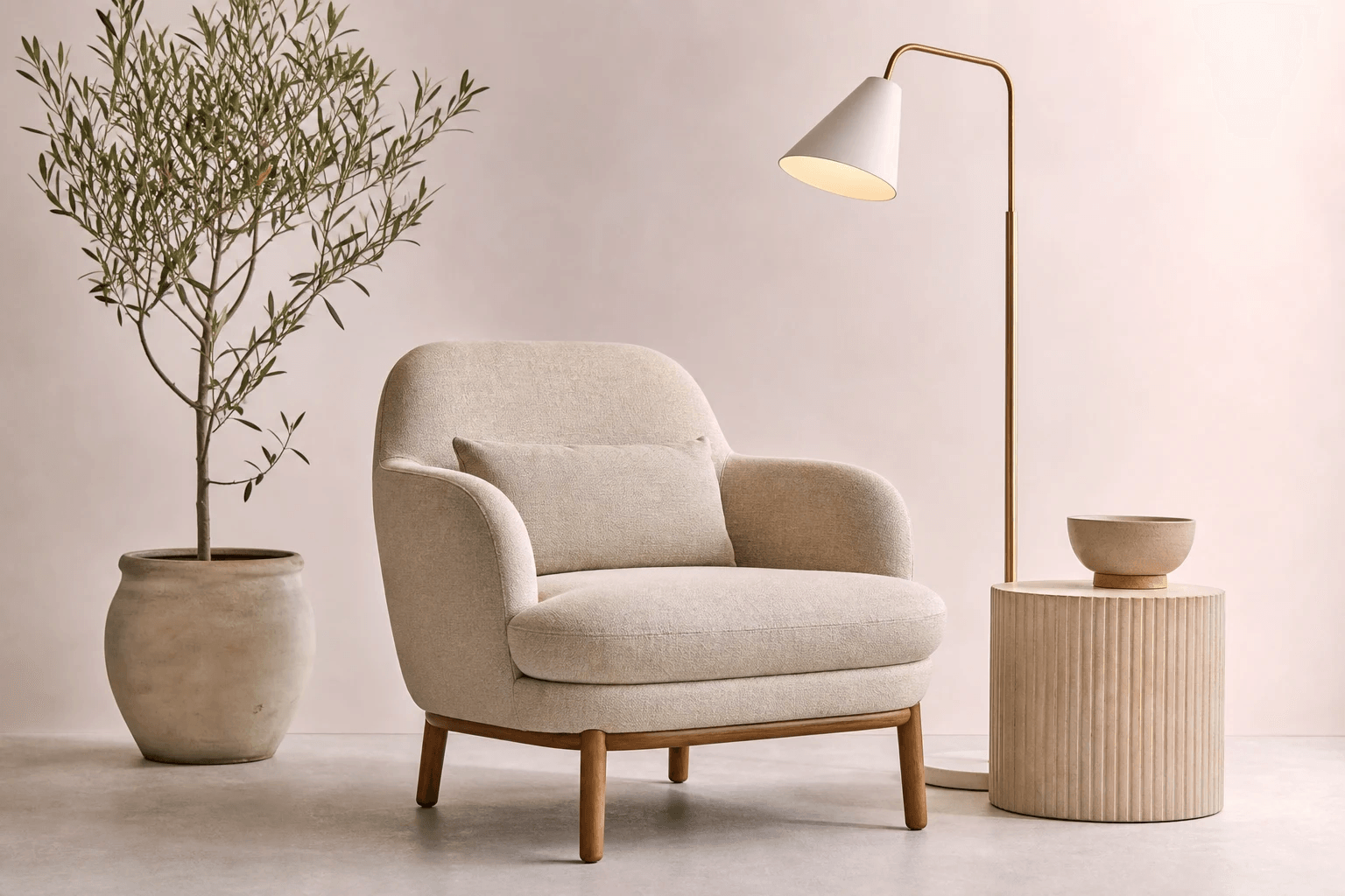 Interior set with chair, side table, lamp, and plant
