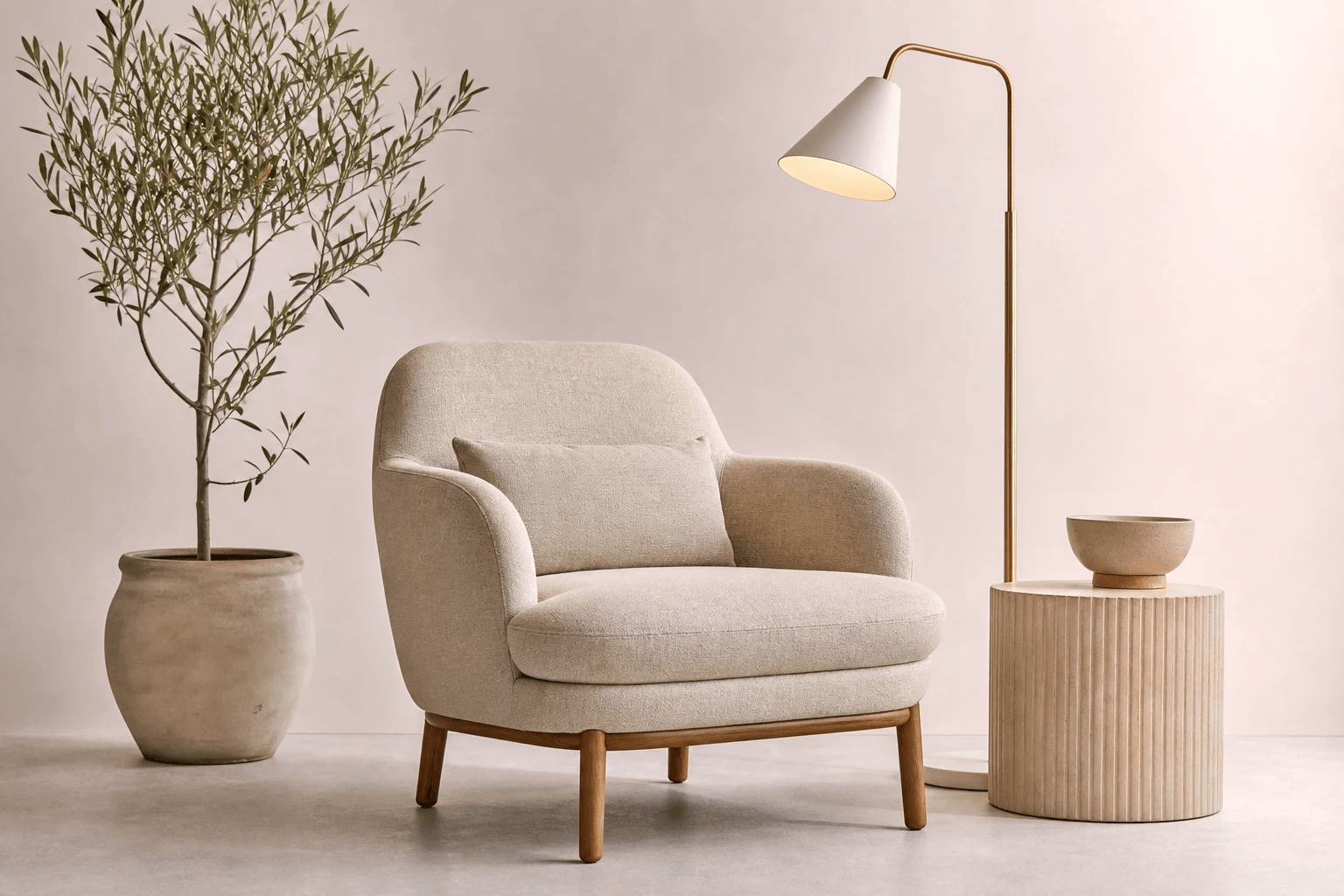 Interior set with an armchair, lamp, side table, and plant pot to scale