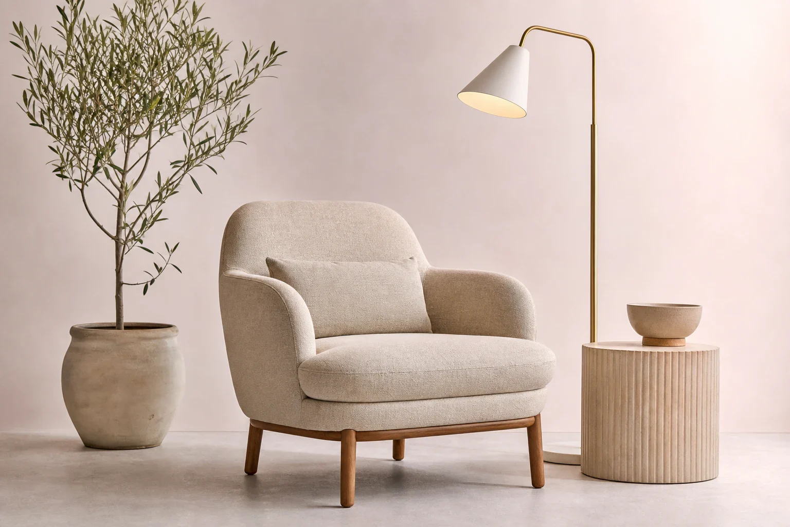 Interior set with an armchair, lamp, side table, and plant pot to scale