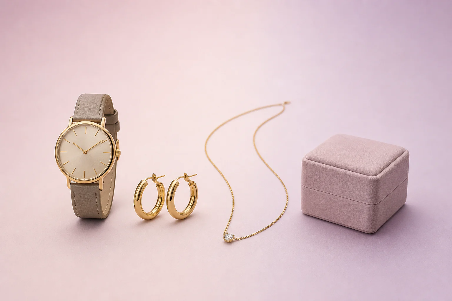 Catalog set with watch, earrings, necklace, and jewelry box