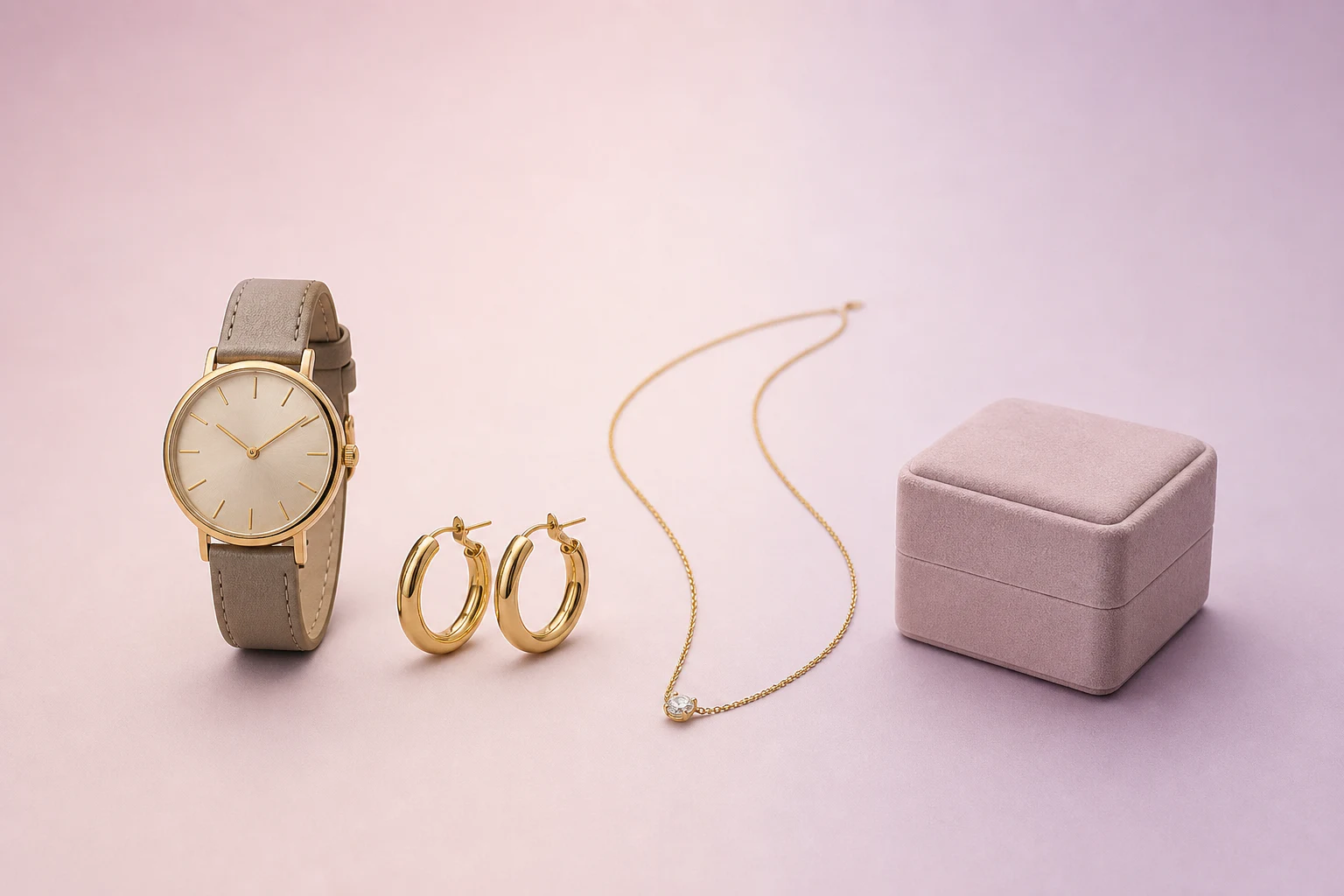 Catalog set with watch, earrings, necklace, and jewelry box