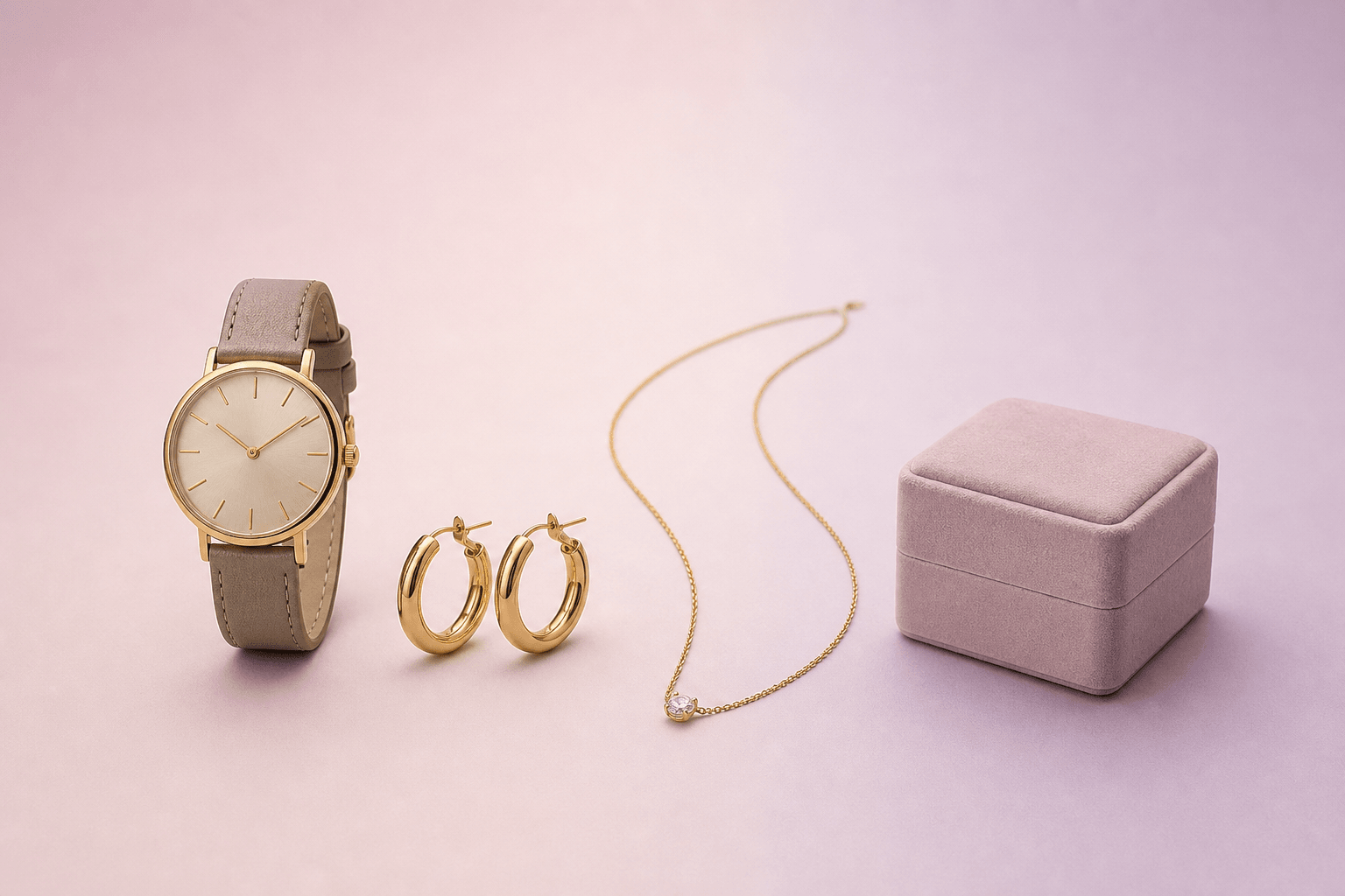 Catalog set with watch, earrings, necklace, and jewelry box