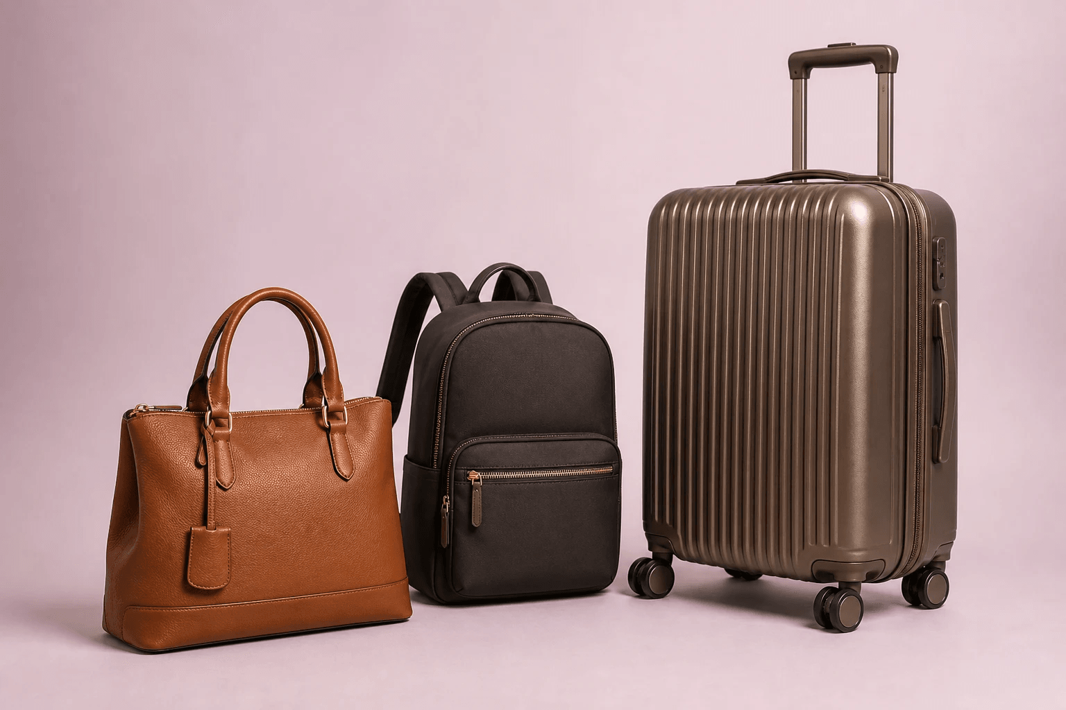 Catalog image of a handbag, backpack, and suitcase in relative proportion