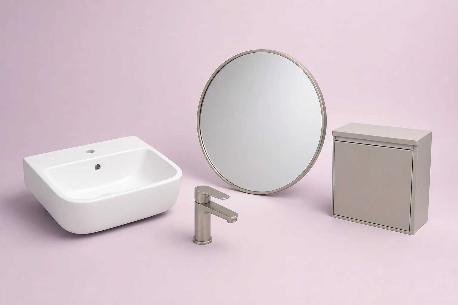 Catalog set with sink, faucet, mirror, and bathroom cabinet