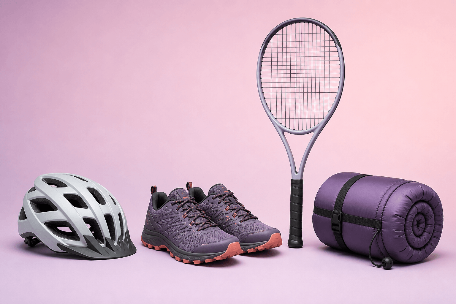 Catalog set with helmet, running shoes, tennis racket, and sleeping bag