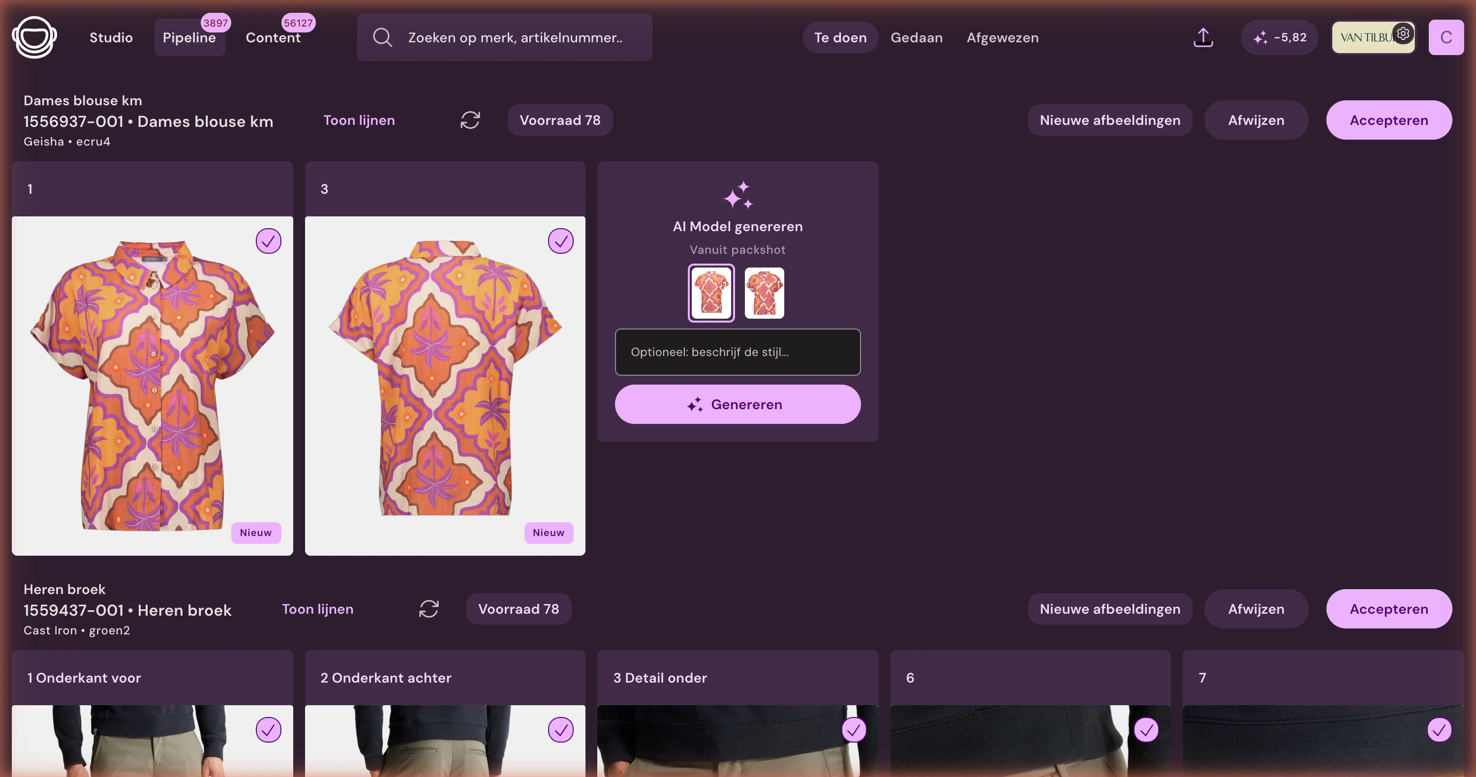 Van Tilburg items in Photopilot with packshots, AI model generation, and image slots