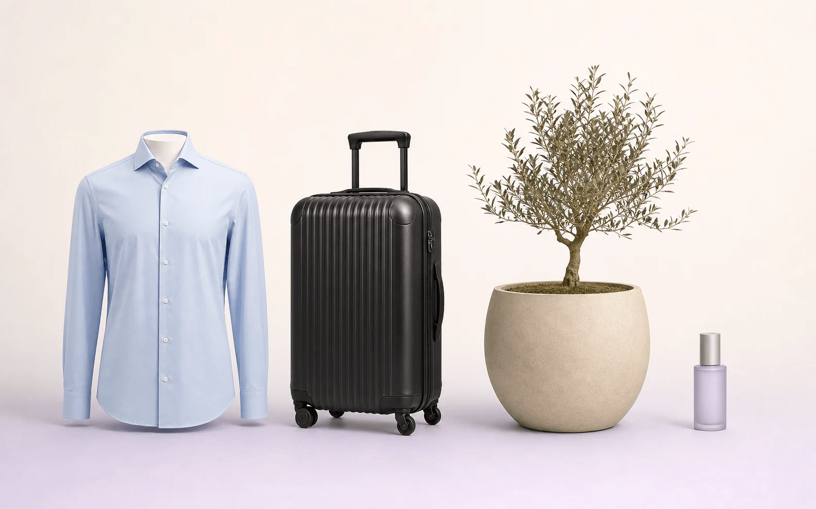 Clothing, suitcase, plant pot, and cosmetic product on a recognizable mutual scale