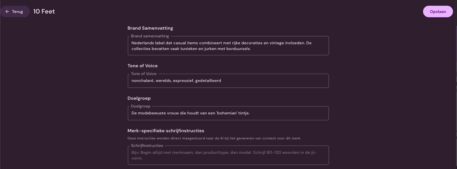 Brand profile with tone of voice and target audience in Photopilot