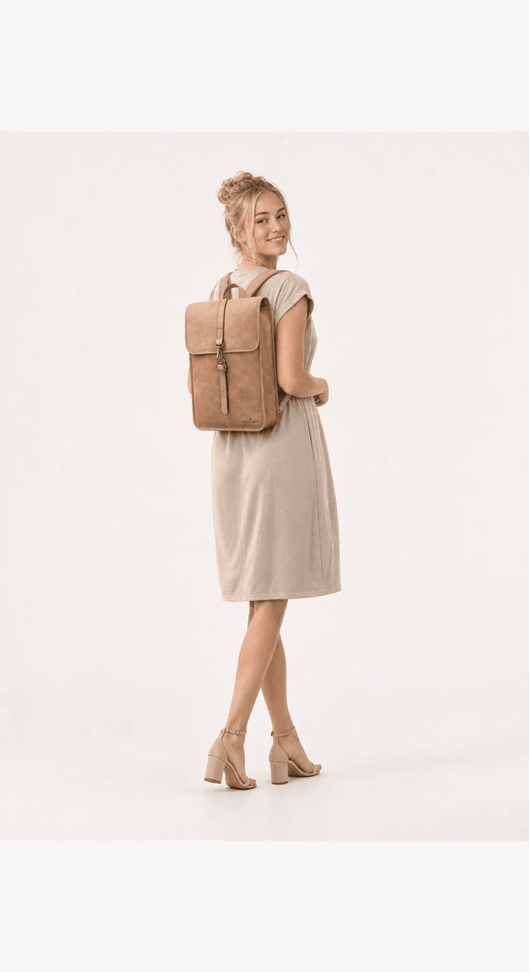 Recent AI model image with a beige Castelijn & Beerens laptop backpack