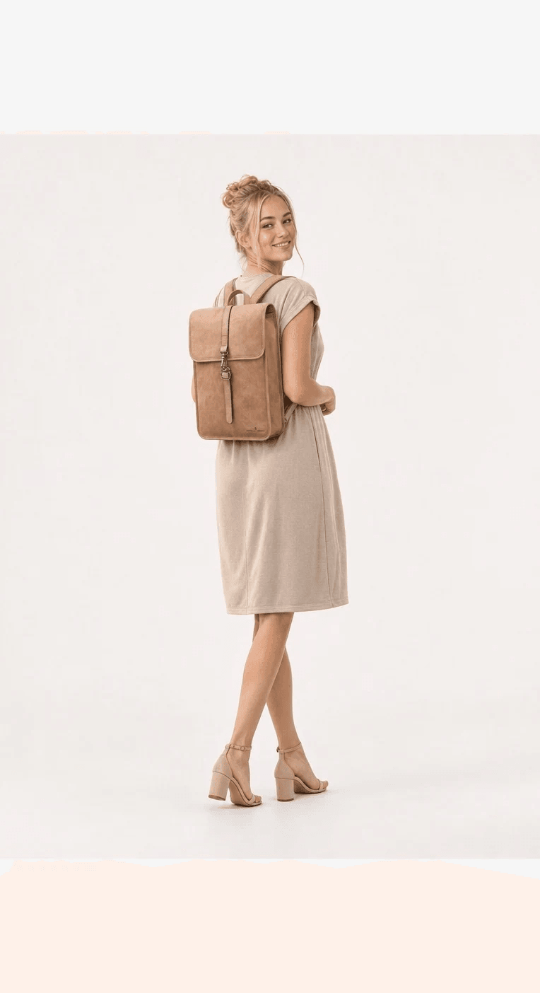 Recent AI model image with a beige Castelijn & Beerens laptop backpack