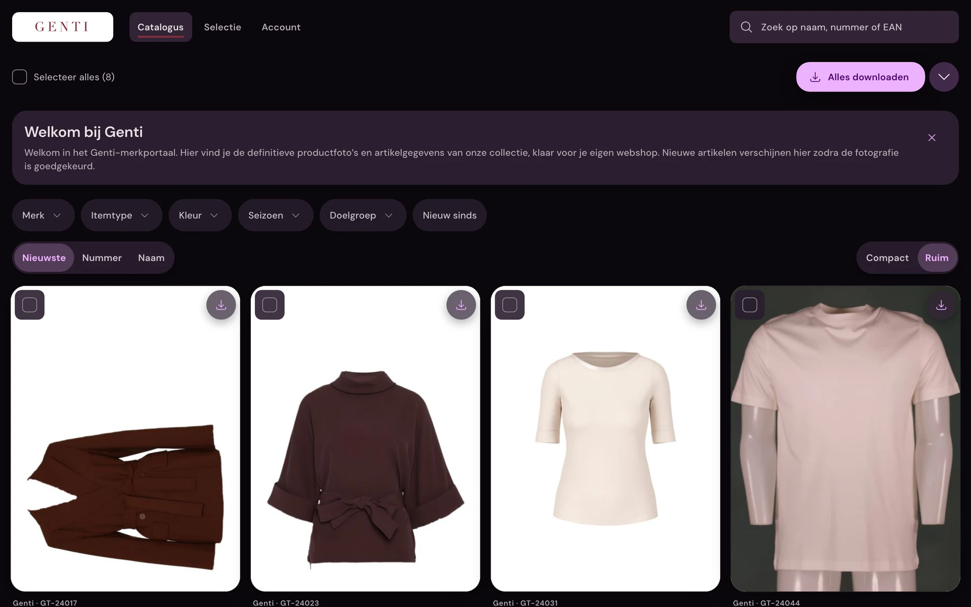 Brand portal with catalog, filters, and download buttons