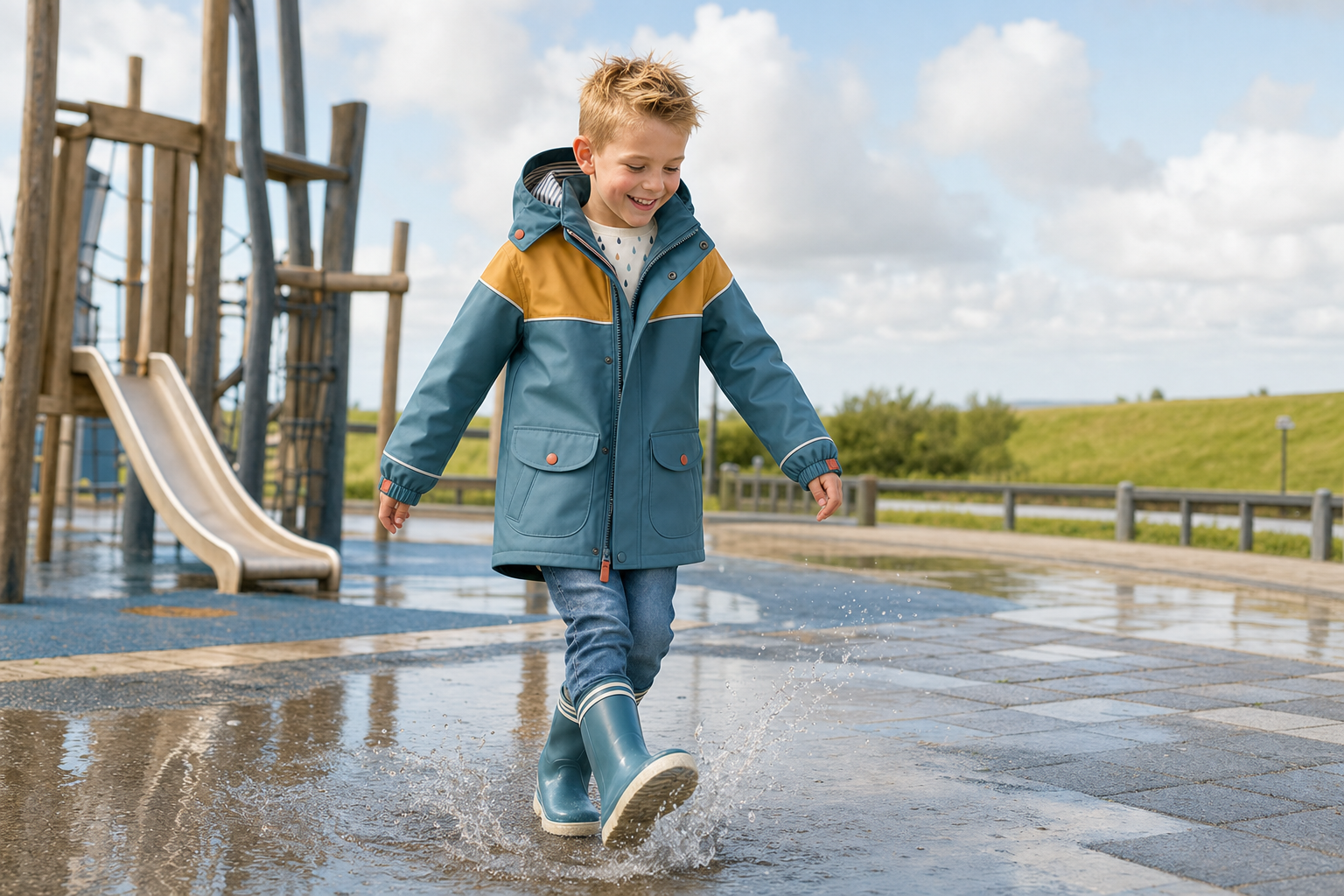 Fully generated Dutch child in the playground with rain jacket, pants, and boots