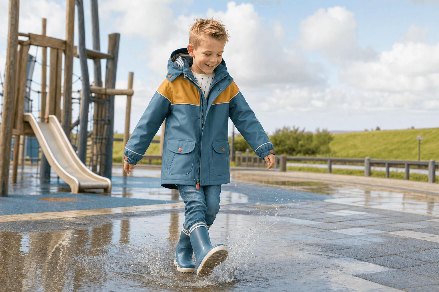 Campaign image from Photopilot production featuring a child in a raincoat