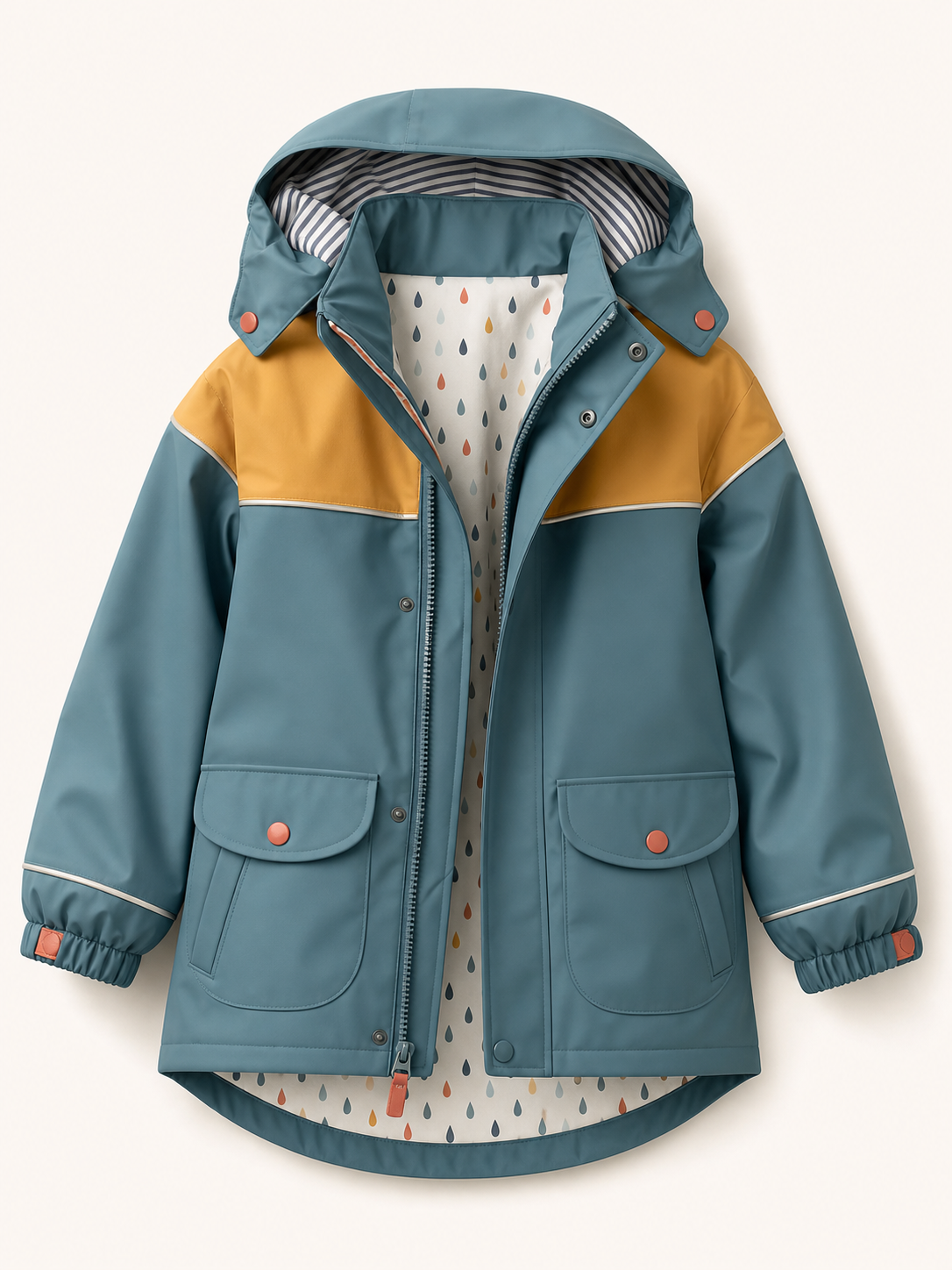 Detailed packshot of a teal children's rain jacket with ochre shoulder panel