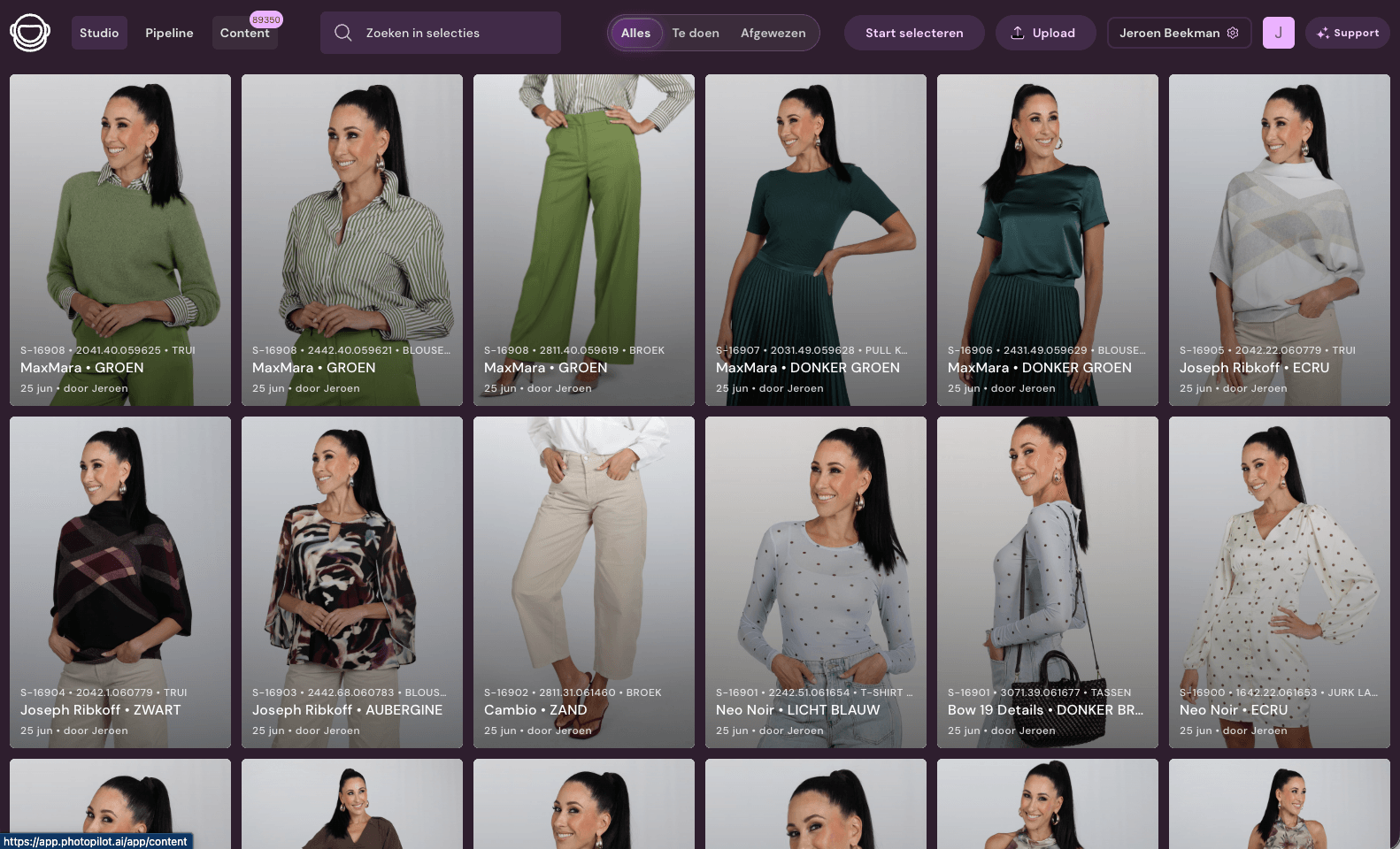 Daily Jeroen Beekman collection workspace in Photopilot with selected studio photos