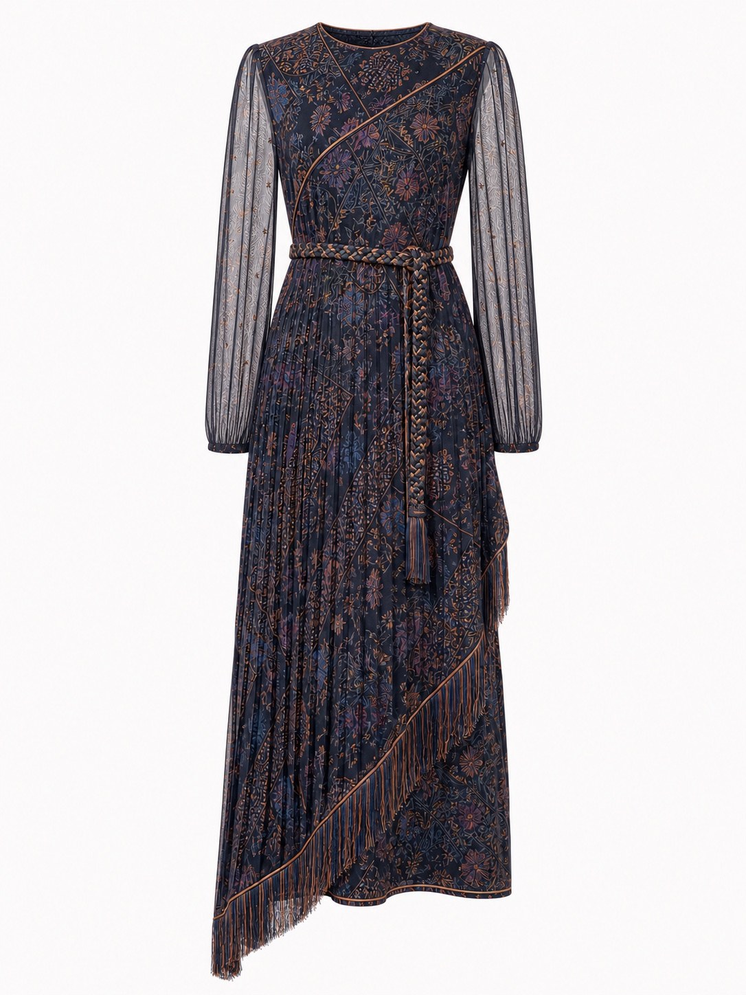 Standalone ghost mannequin packshot of the same dress retaining print and fringes