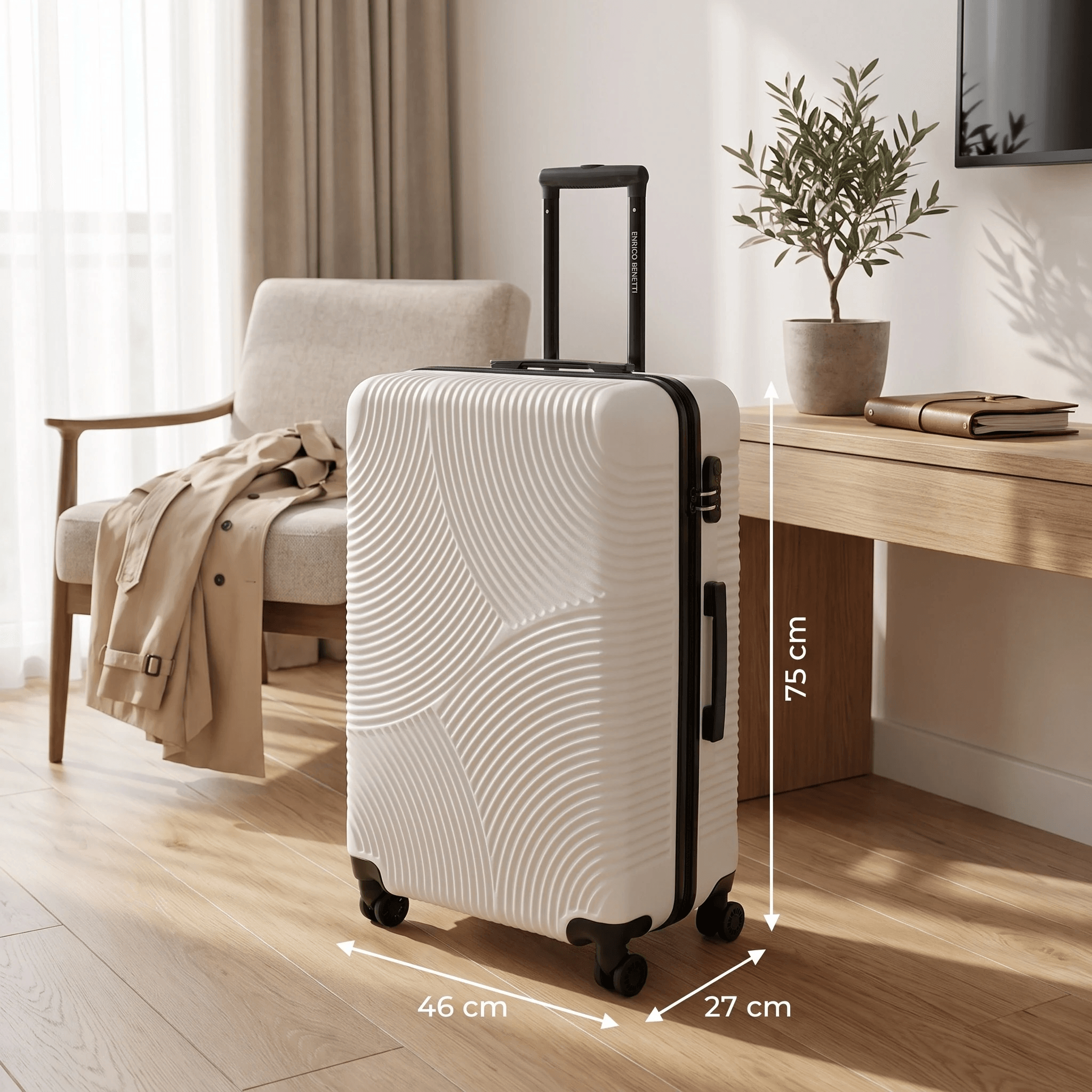 White Enrico Benetti suitcase of 75 centimeters in a bright hotel room