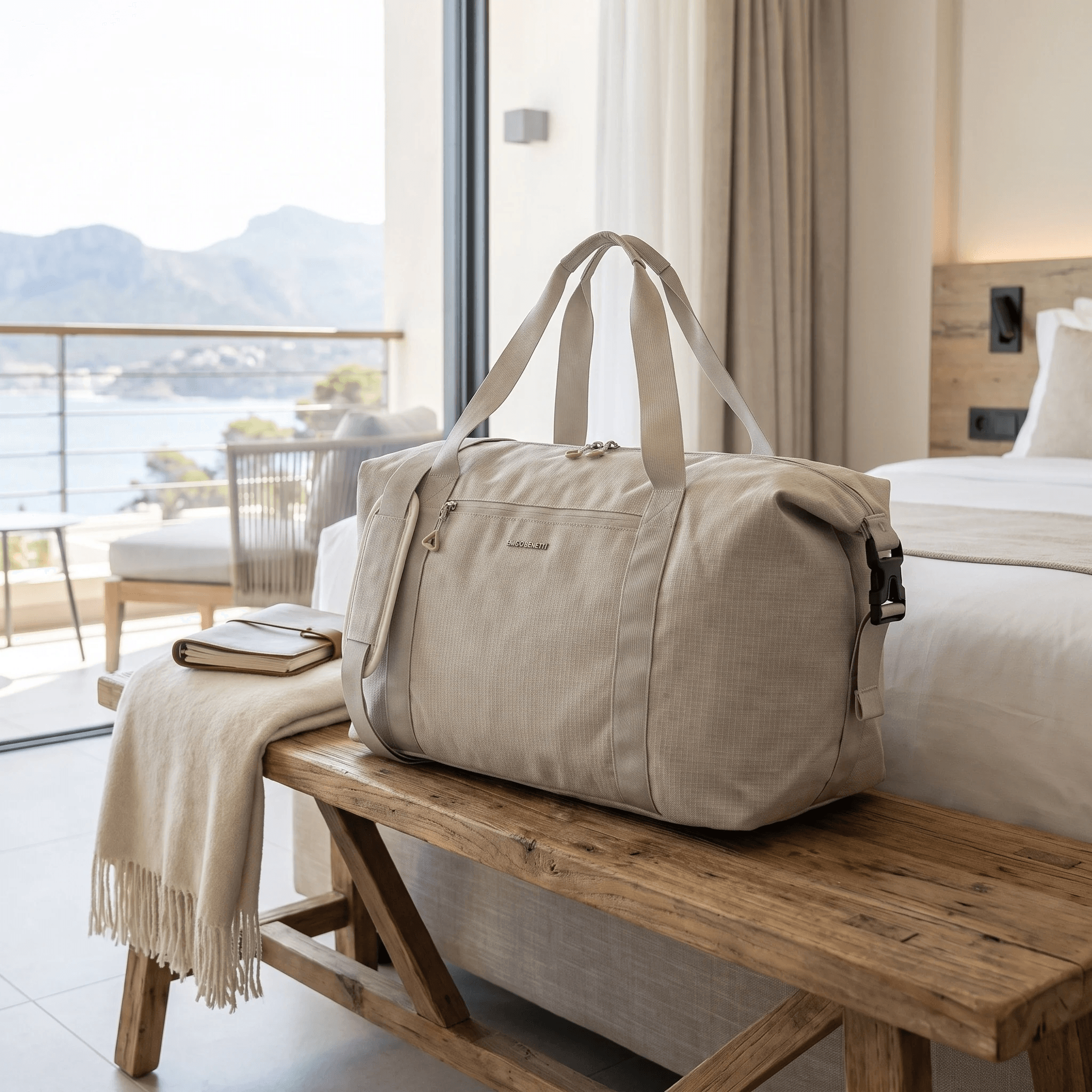 Beige Enrico Benetti weekend bag in a bright hotel room, generated from a Duifhuizen packshot