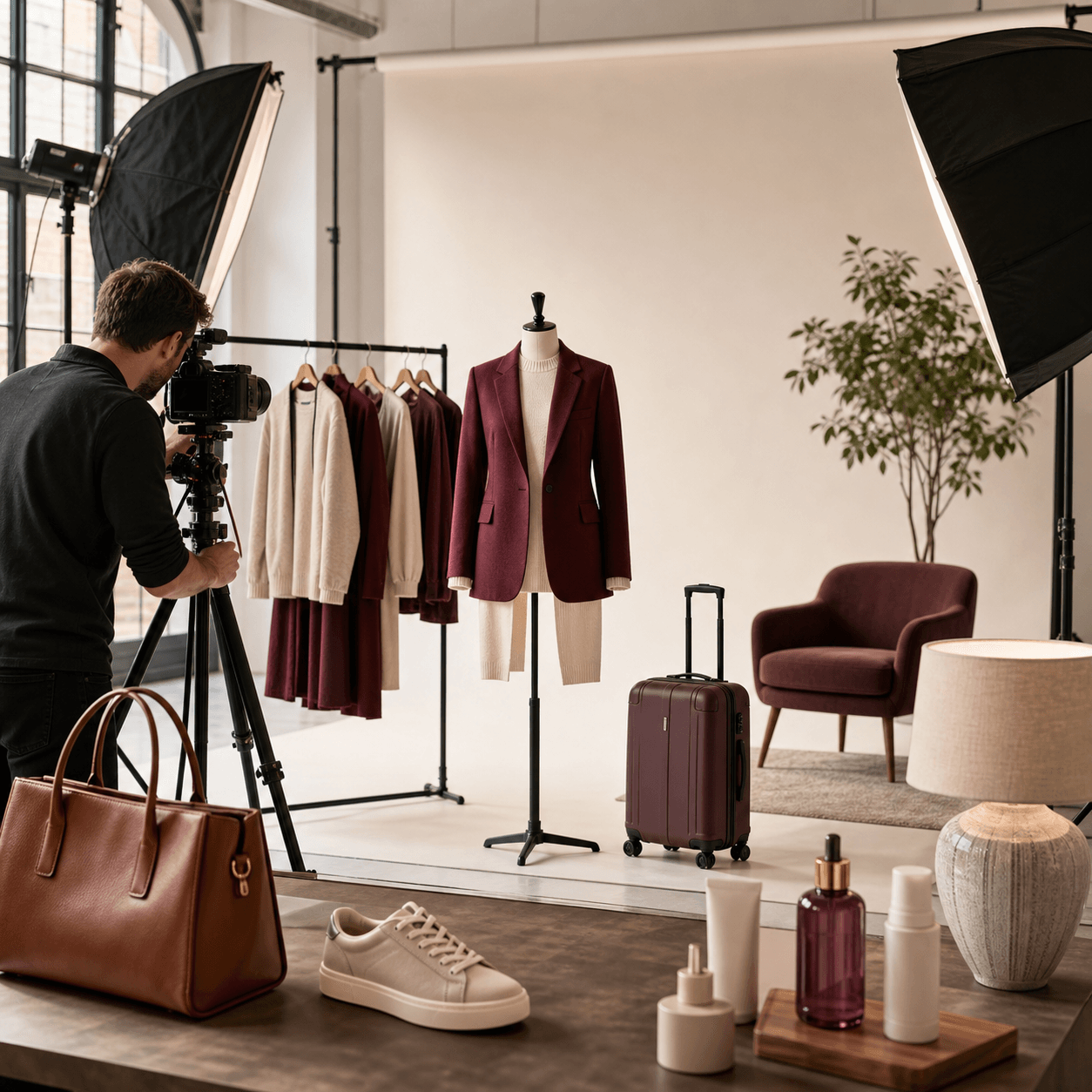 E-commerce studio with fashion, bags, shoes, suitcases, beauty products, and interior