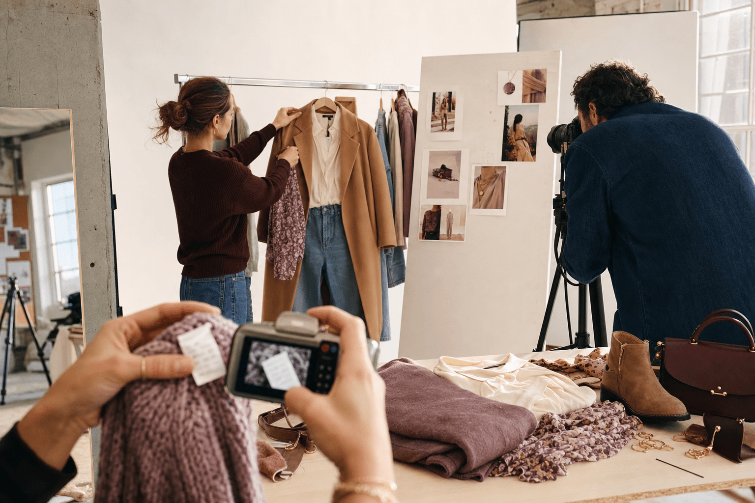 A styling team builds a Shop the Look set and scans a care label