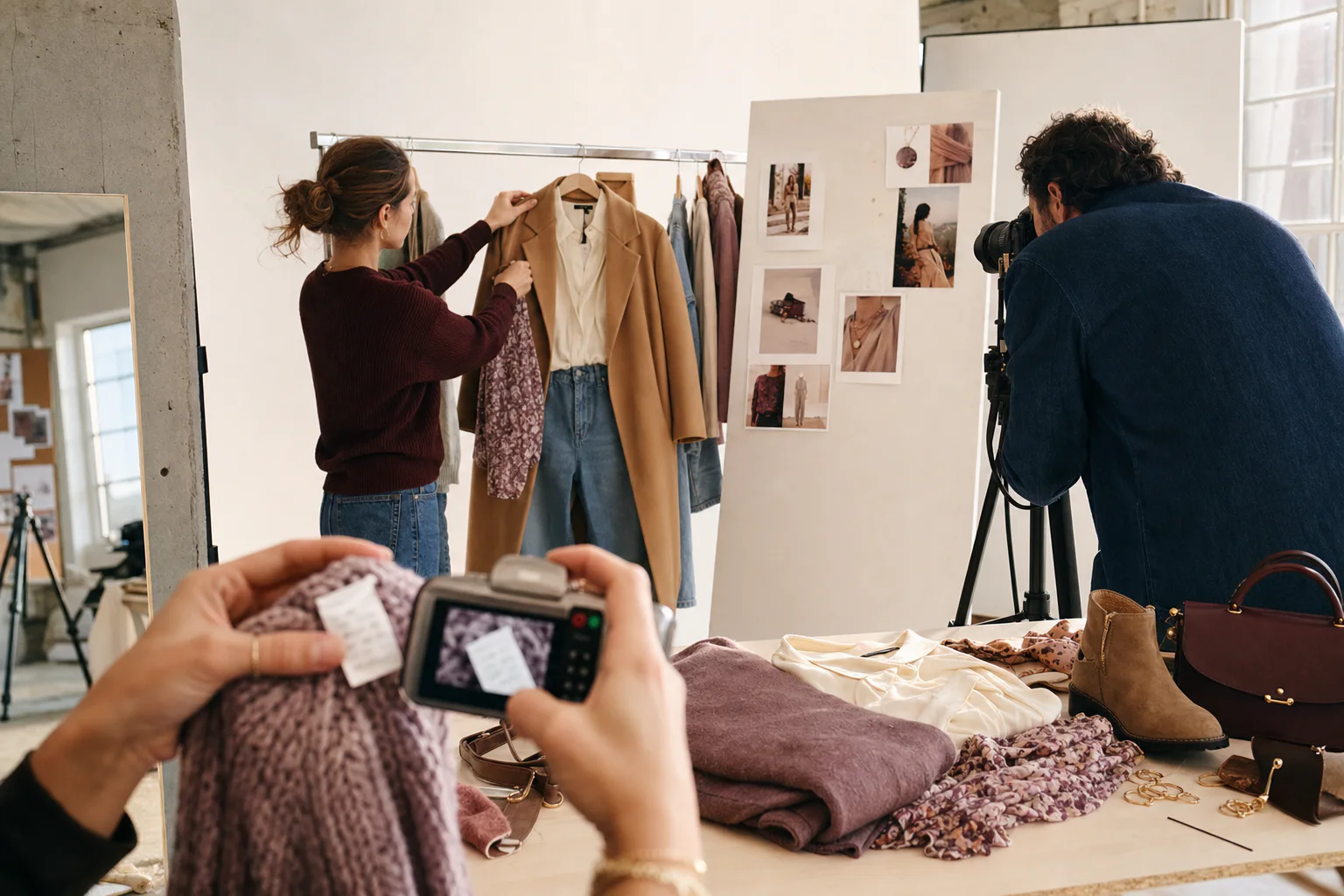 A styling team builds a Shop the Look set and scans a care label