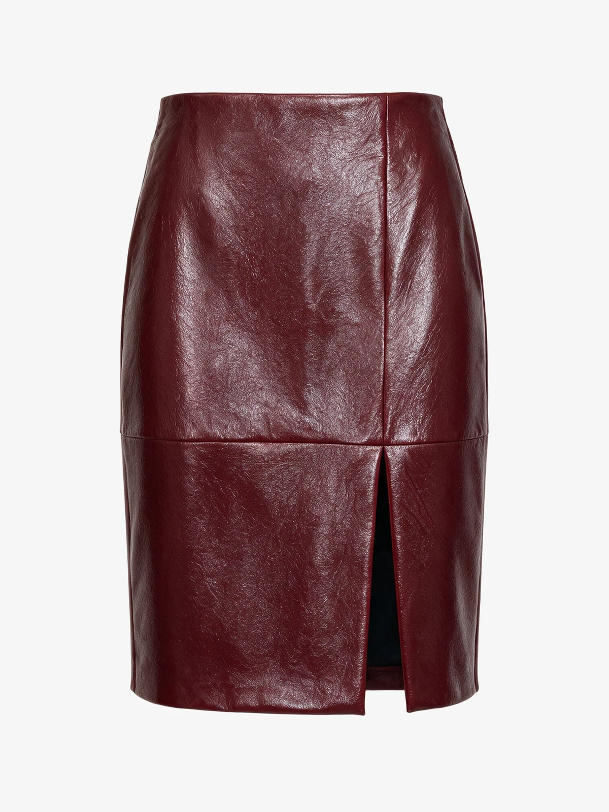 The same skirt as a packshot, with the original's shine, seams, and slit