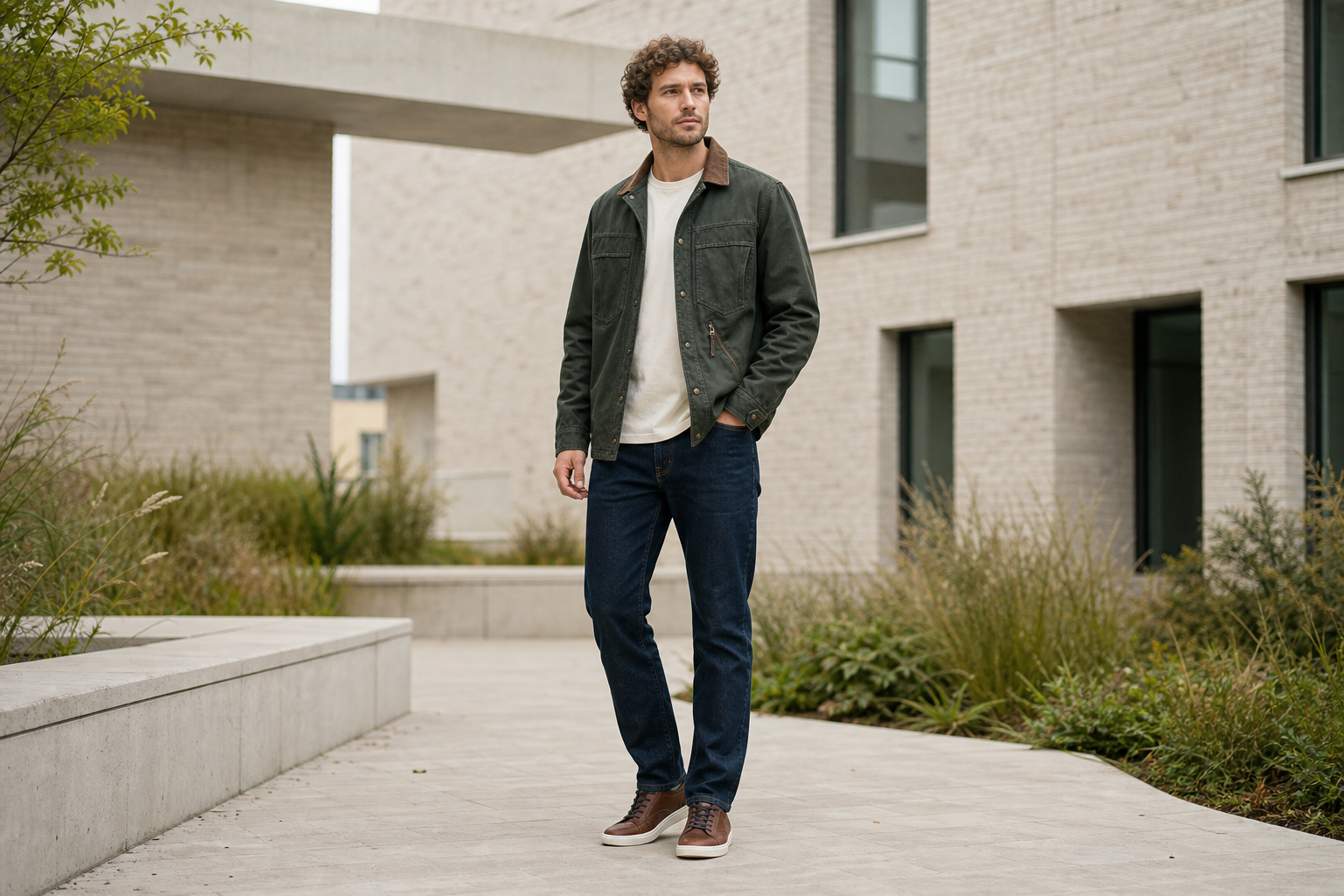 Fully generated model image with the dark green overshirt and complete men's outfit
