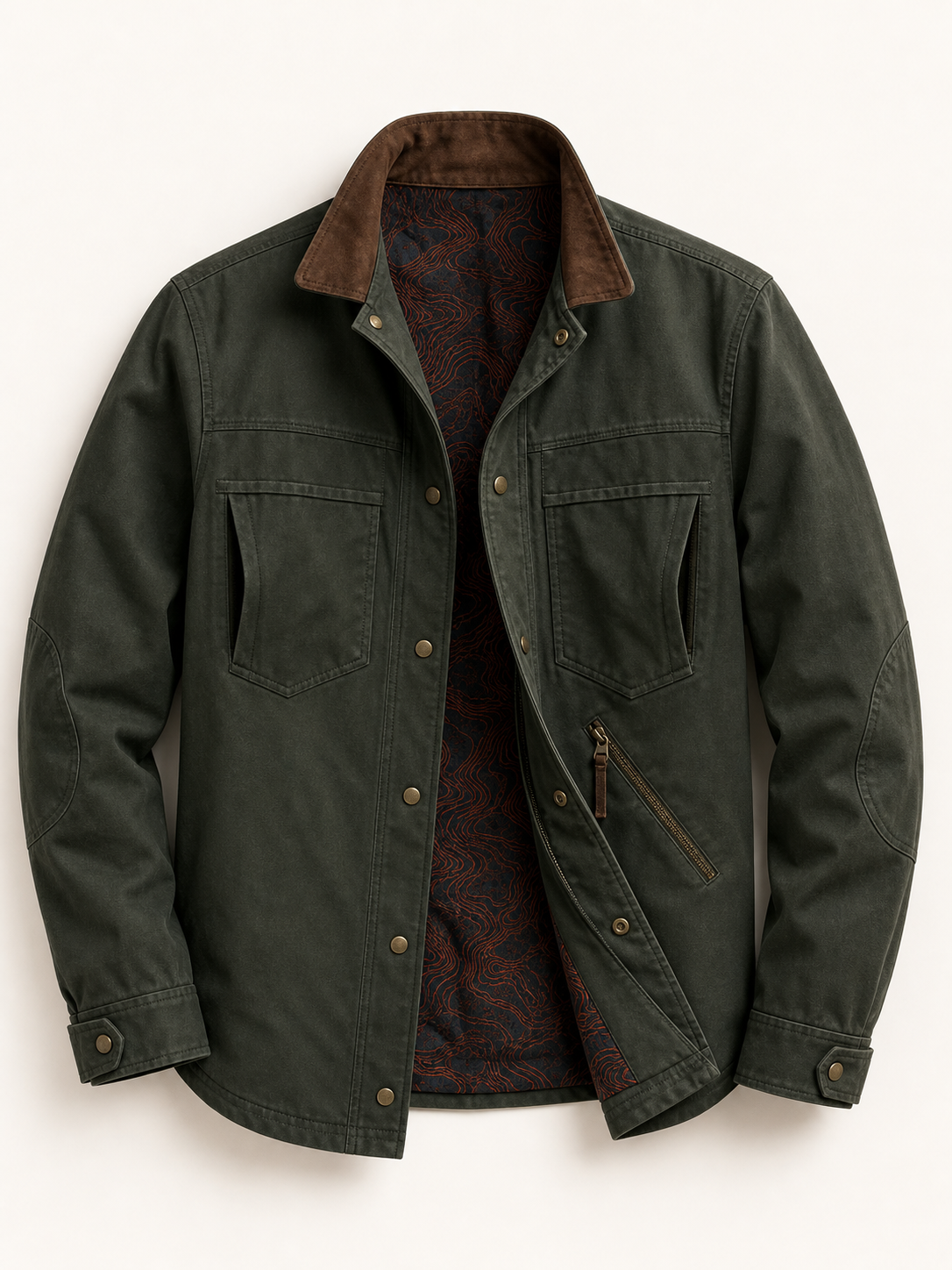 Detailed packshot of a dark green men's overshirt with suede collar and jacquard lining