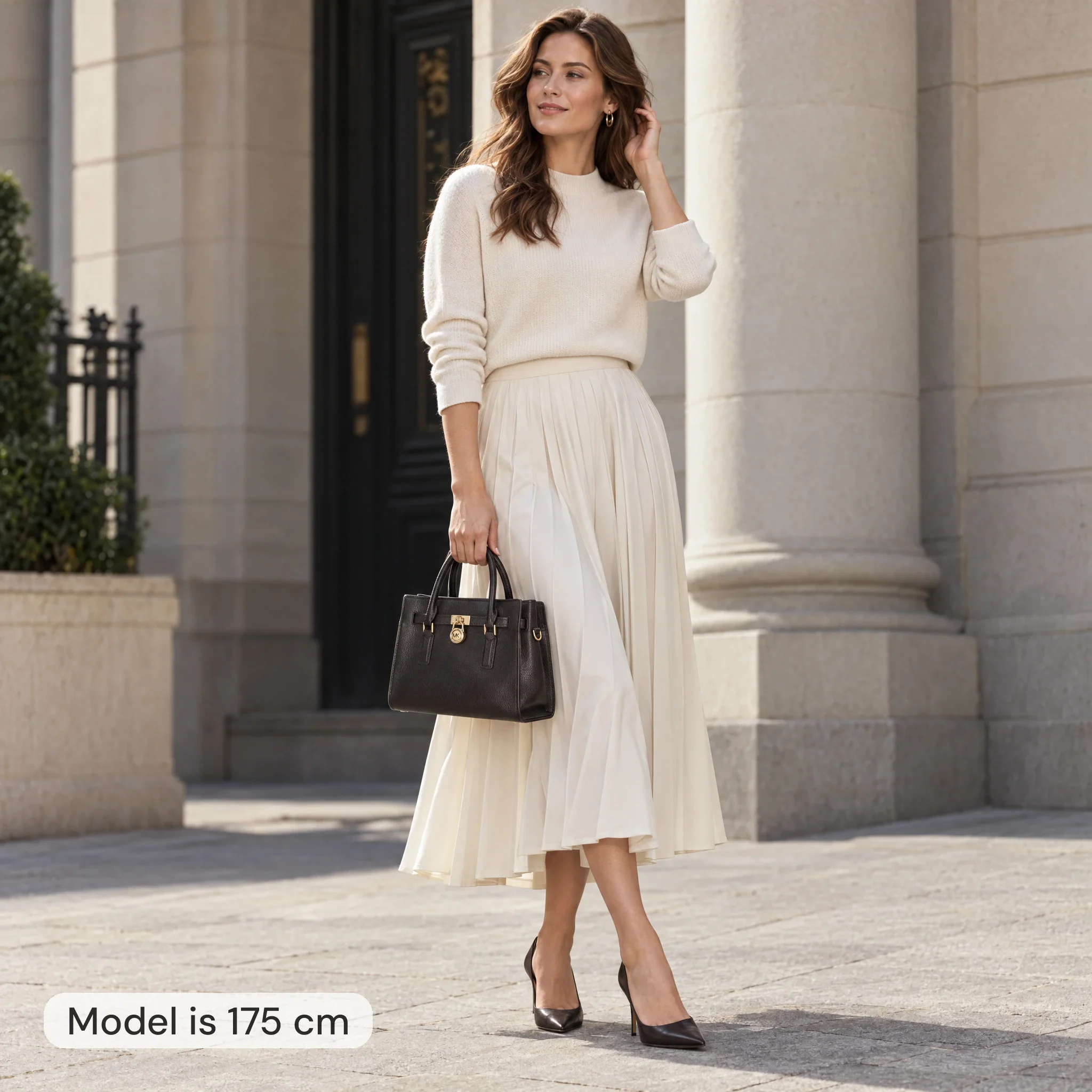 AI model image: 175 cm woman with a dark brown Michael Kors Hamilton handbag 27.5 cm wide