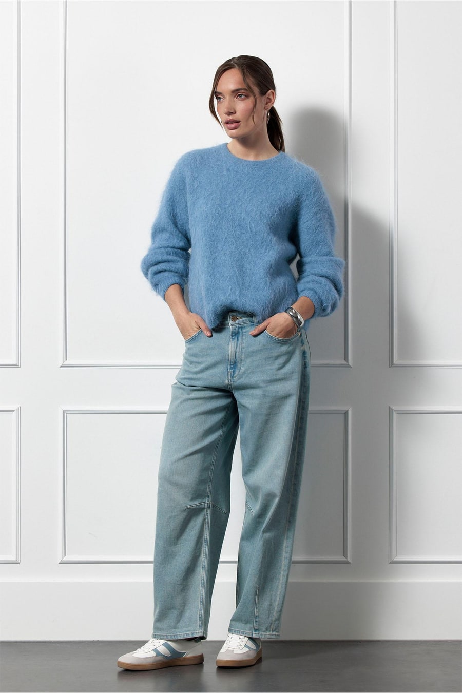 Model image on gray studio background