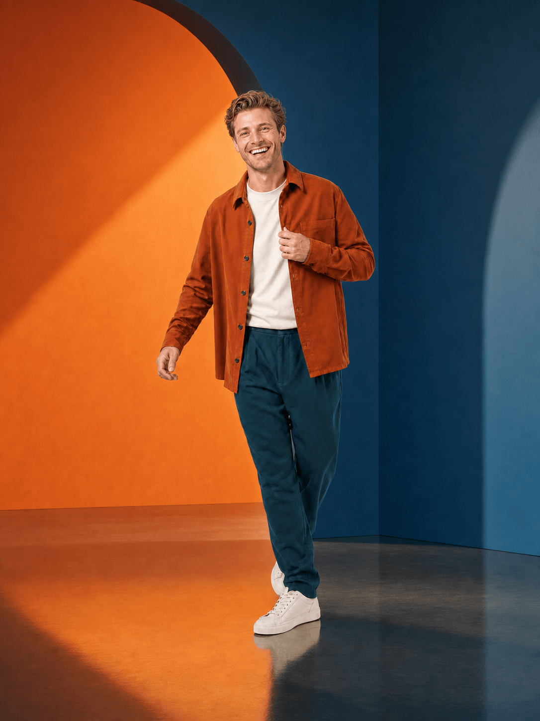 The same AI house model, same clothing, and same pose in a campaign setting
