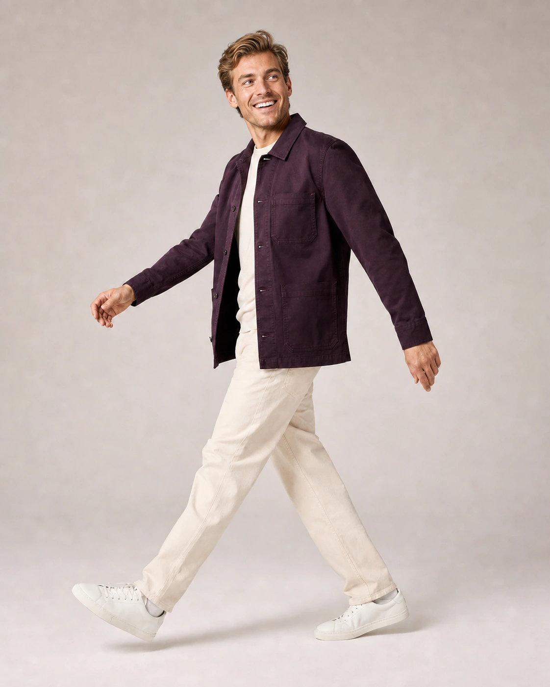 The same smiling walking pose with the fixed AI house model
