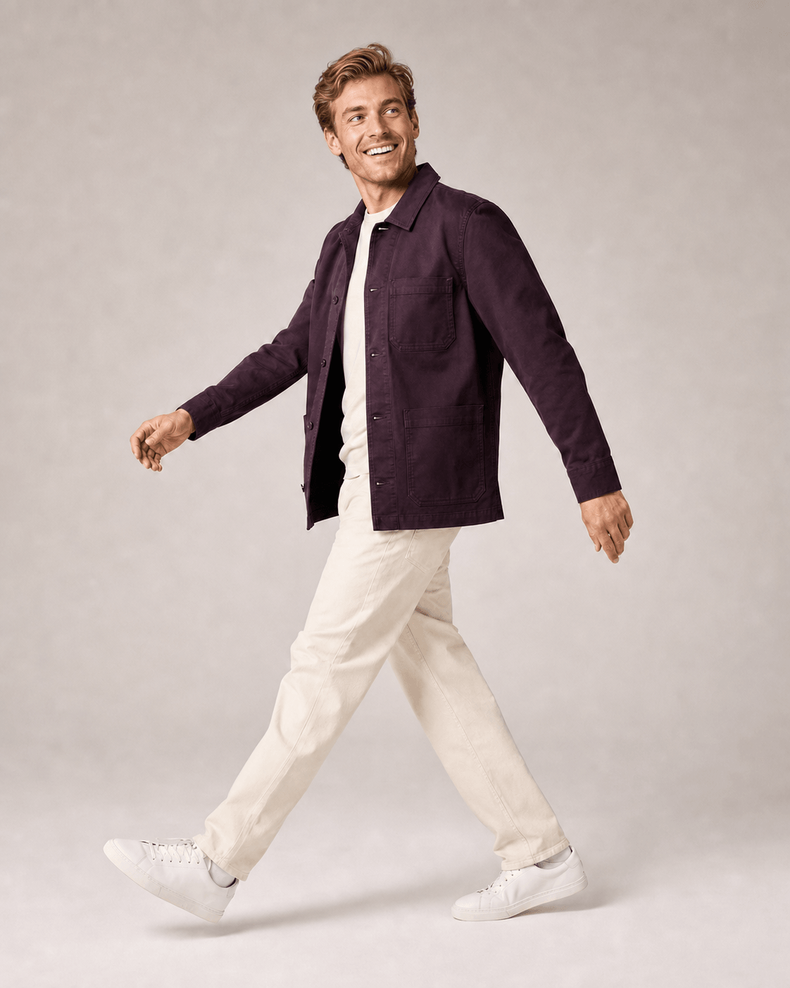 The same smiling walking pose with the fixed AI house model