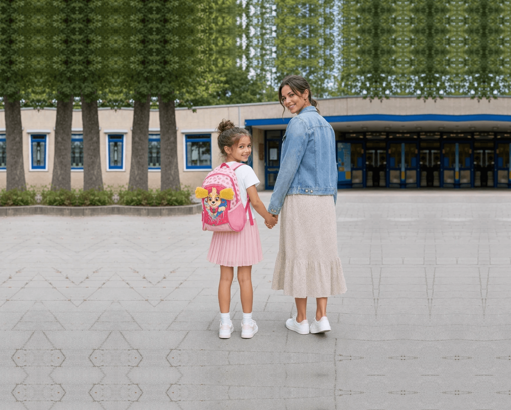 Recent AI model image of a child with a pink Paw Patrol backpack