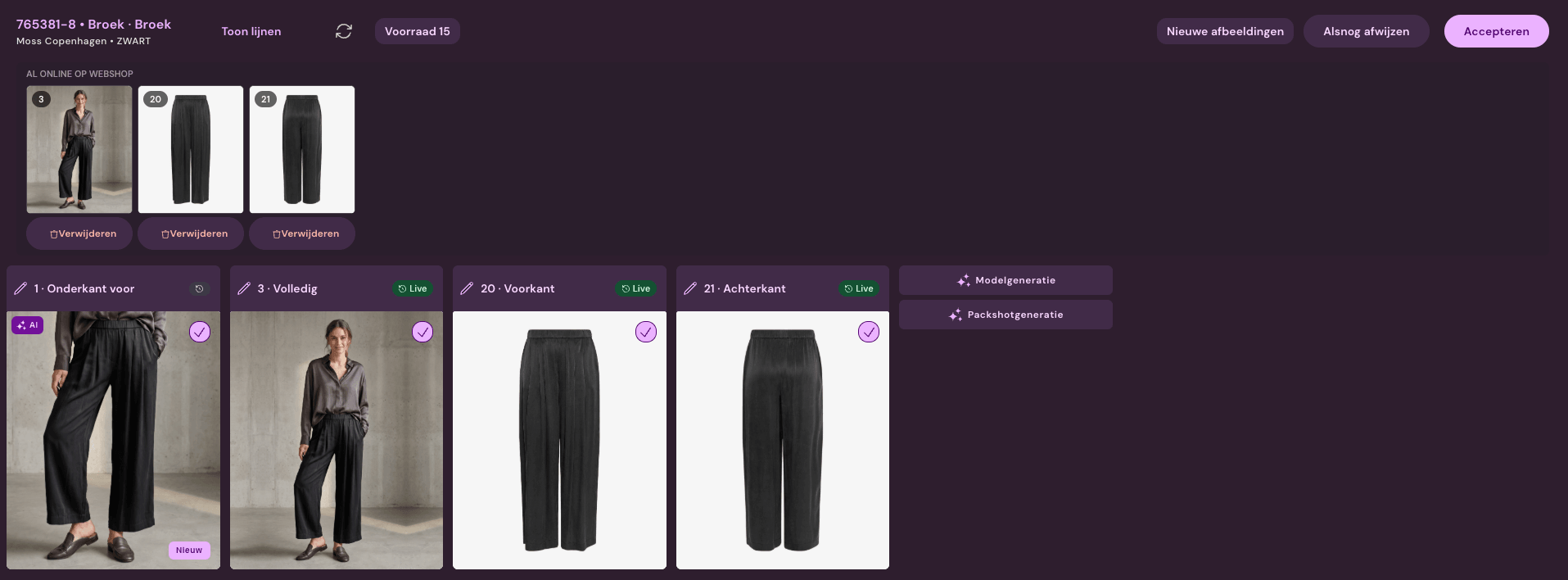 Photopilot item view with model image, AI packshot, front view, back view, and live status