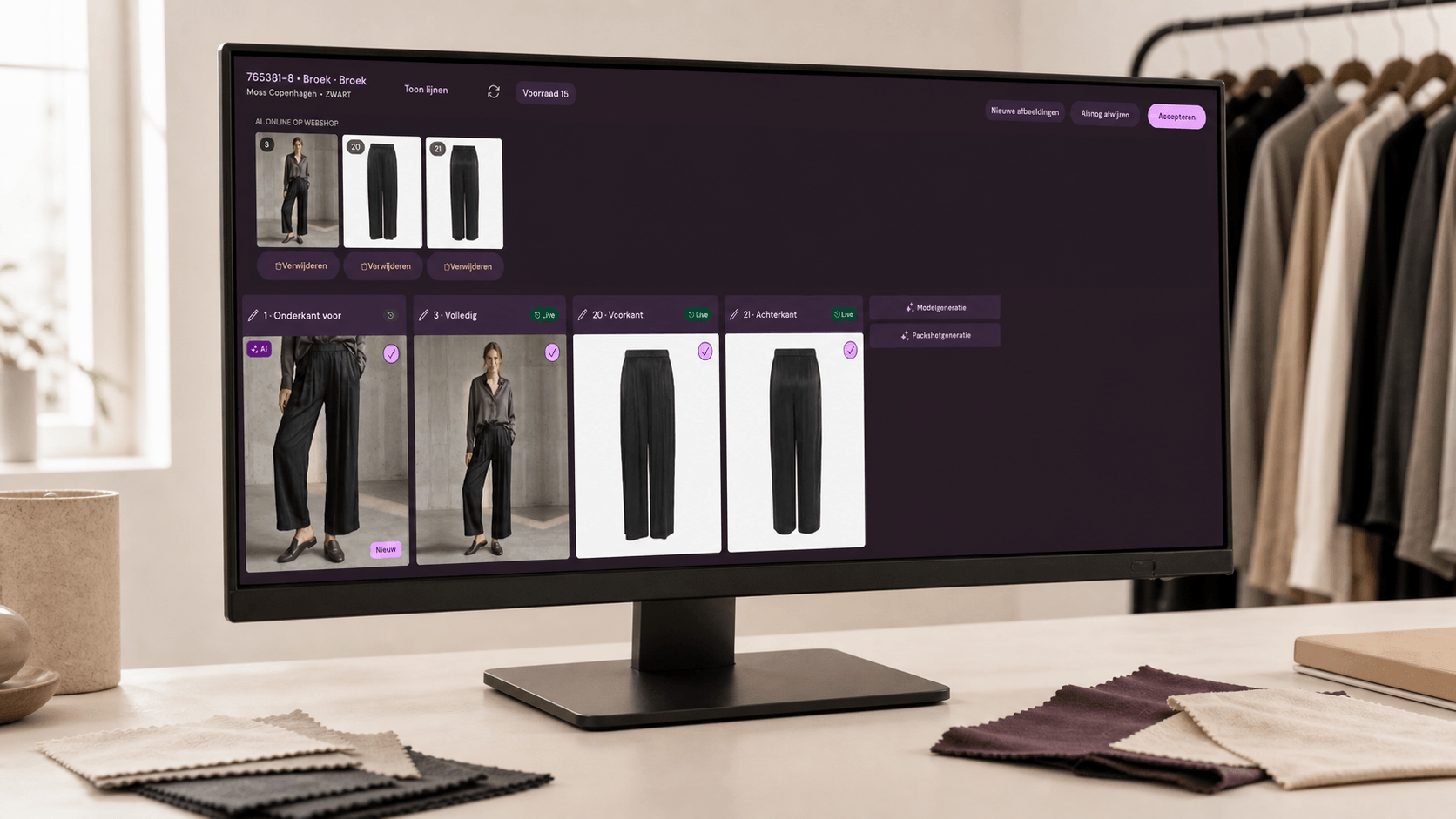 Photopilot image review on a studio screen with model image and automatically created packshots