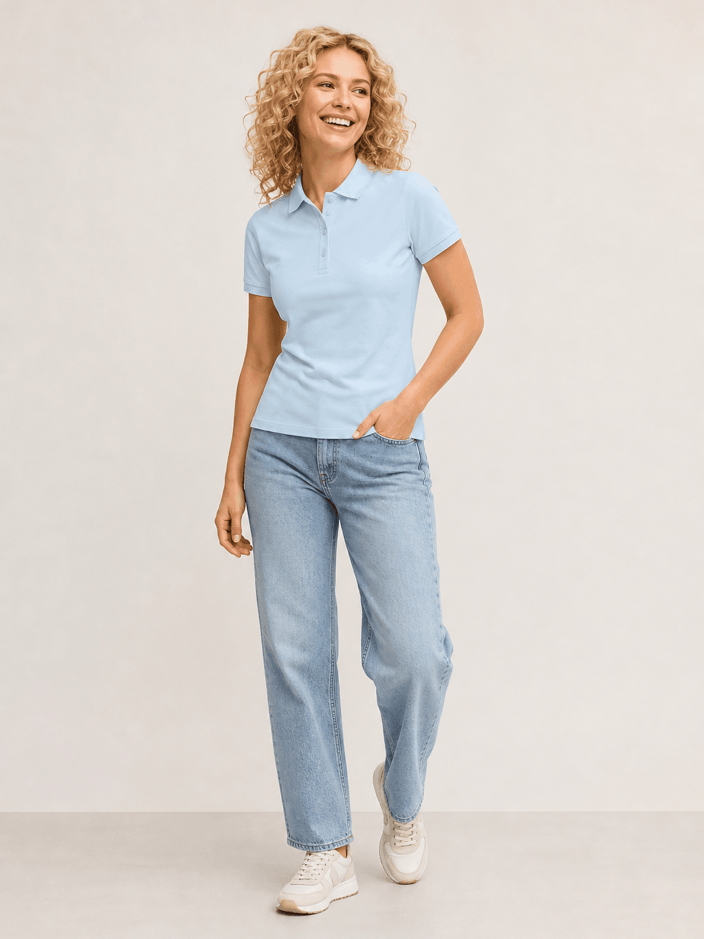 Light blue polo worn by an AI model as production result