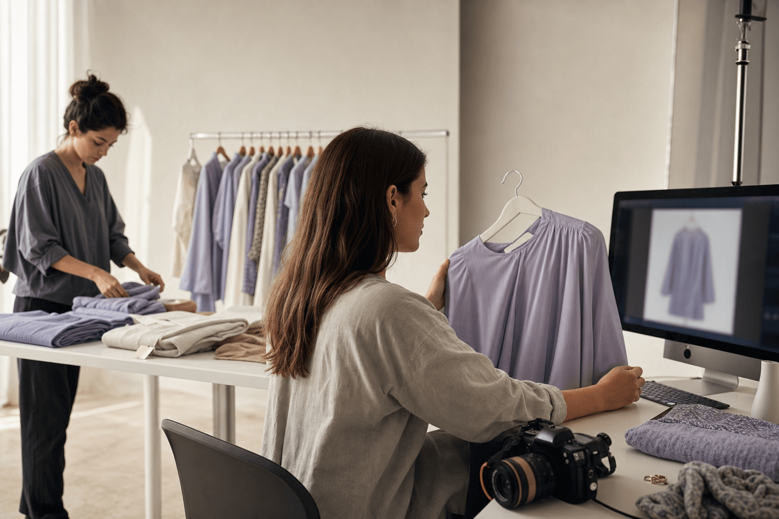 A fashion team reviews supplier imagery for a new collection
