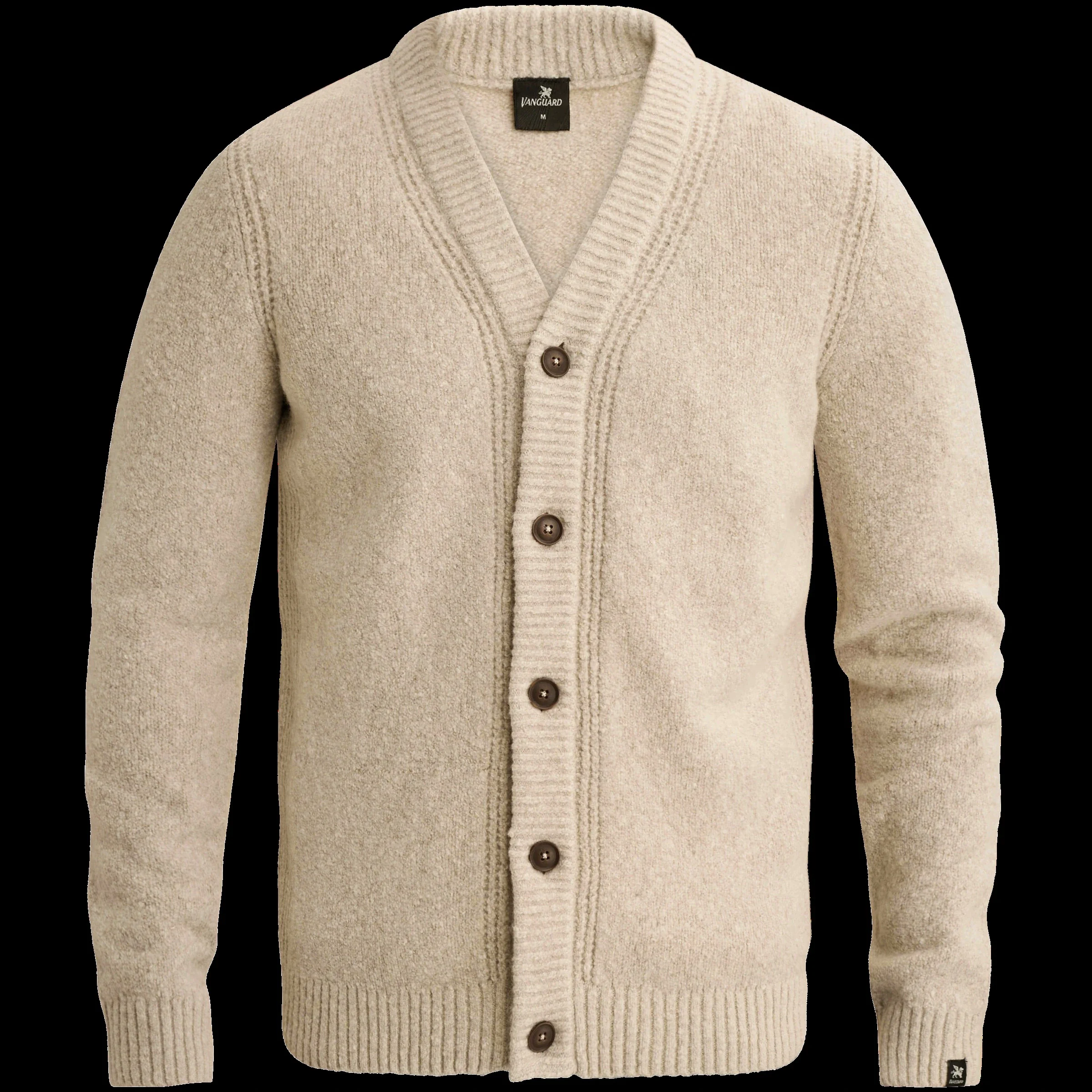 Beige knitted cardigan on a black background, as supplied by the vendor