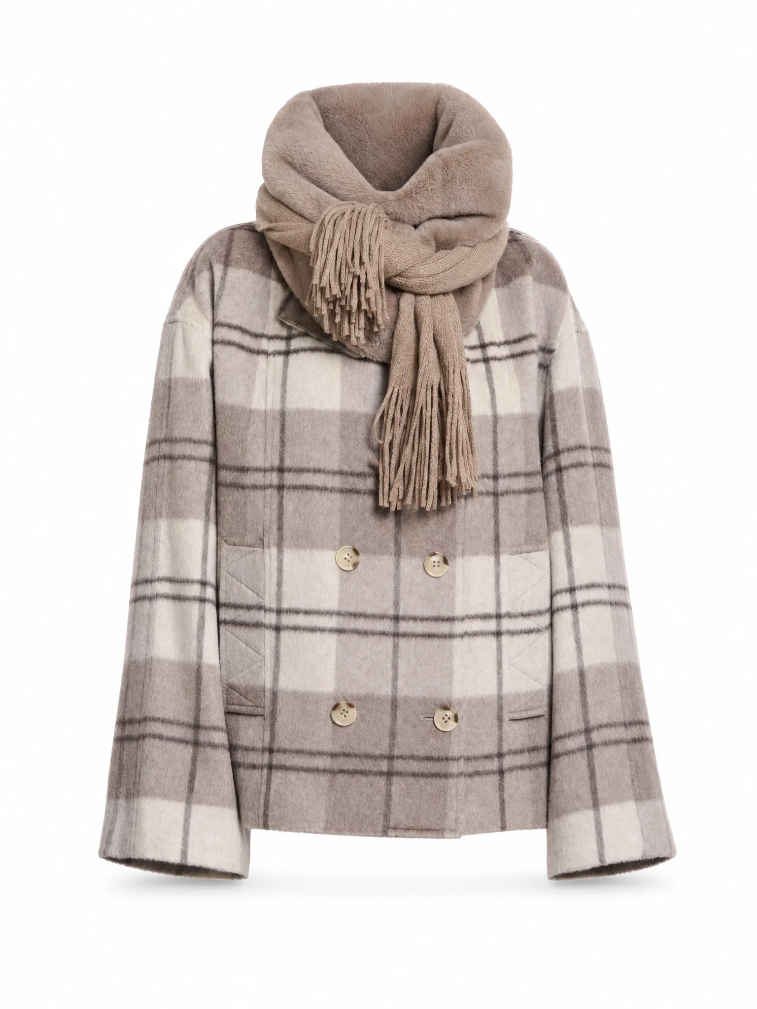 Checkered wool coat with scarf as packshot on white