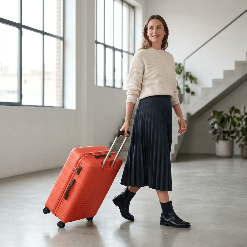 Woman with red Samsonite suitcase in a bright travel setting