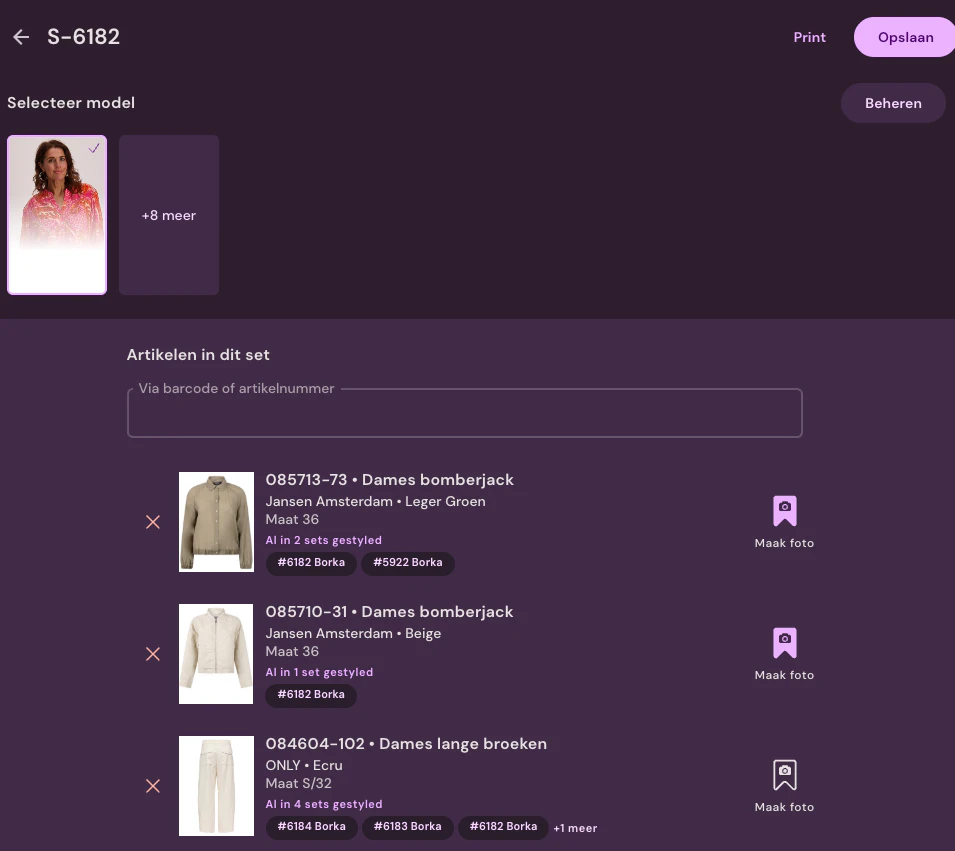 Set with the selected model and scanned items