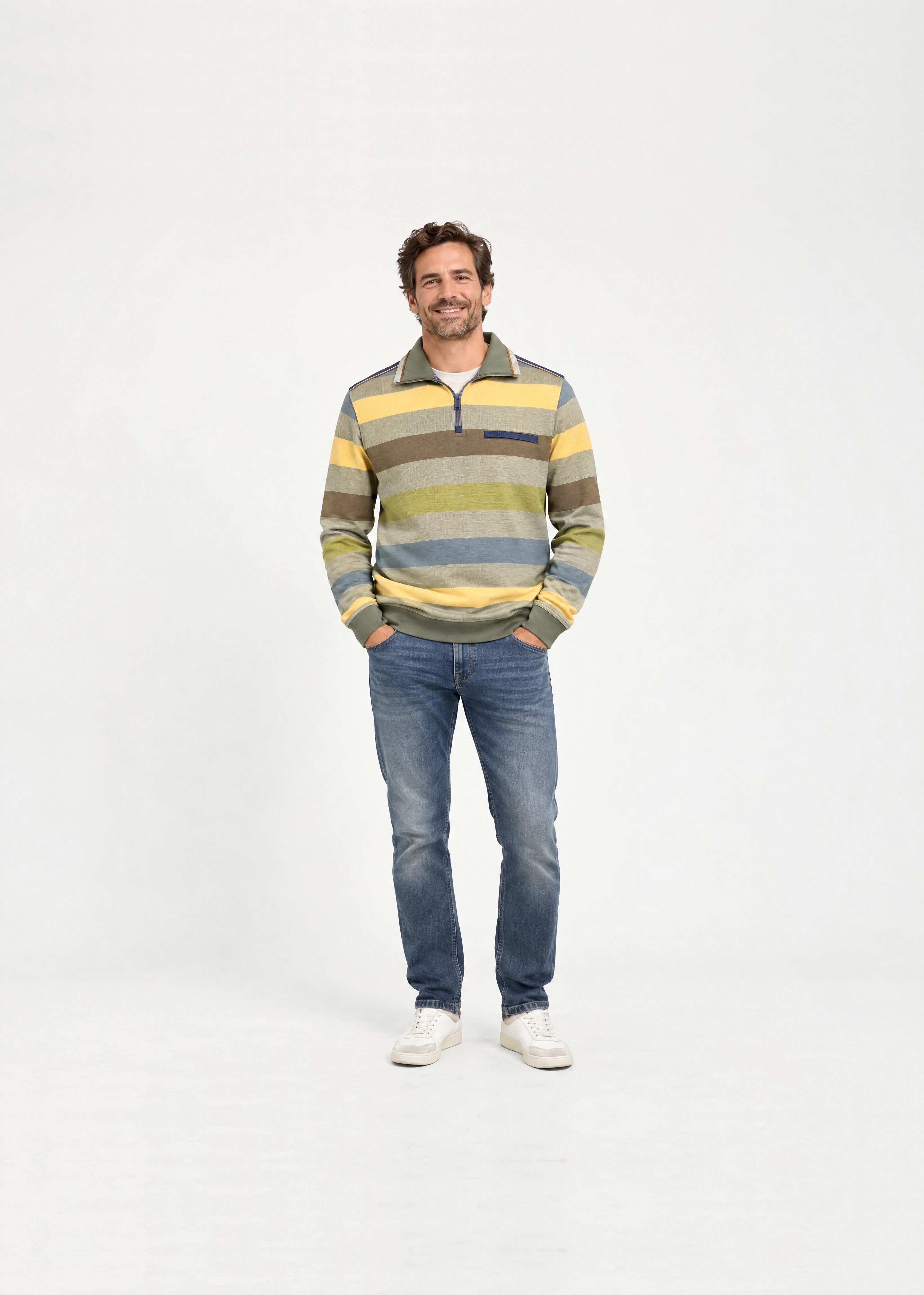 AI model image: man in the same striped sweater in a white studio