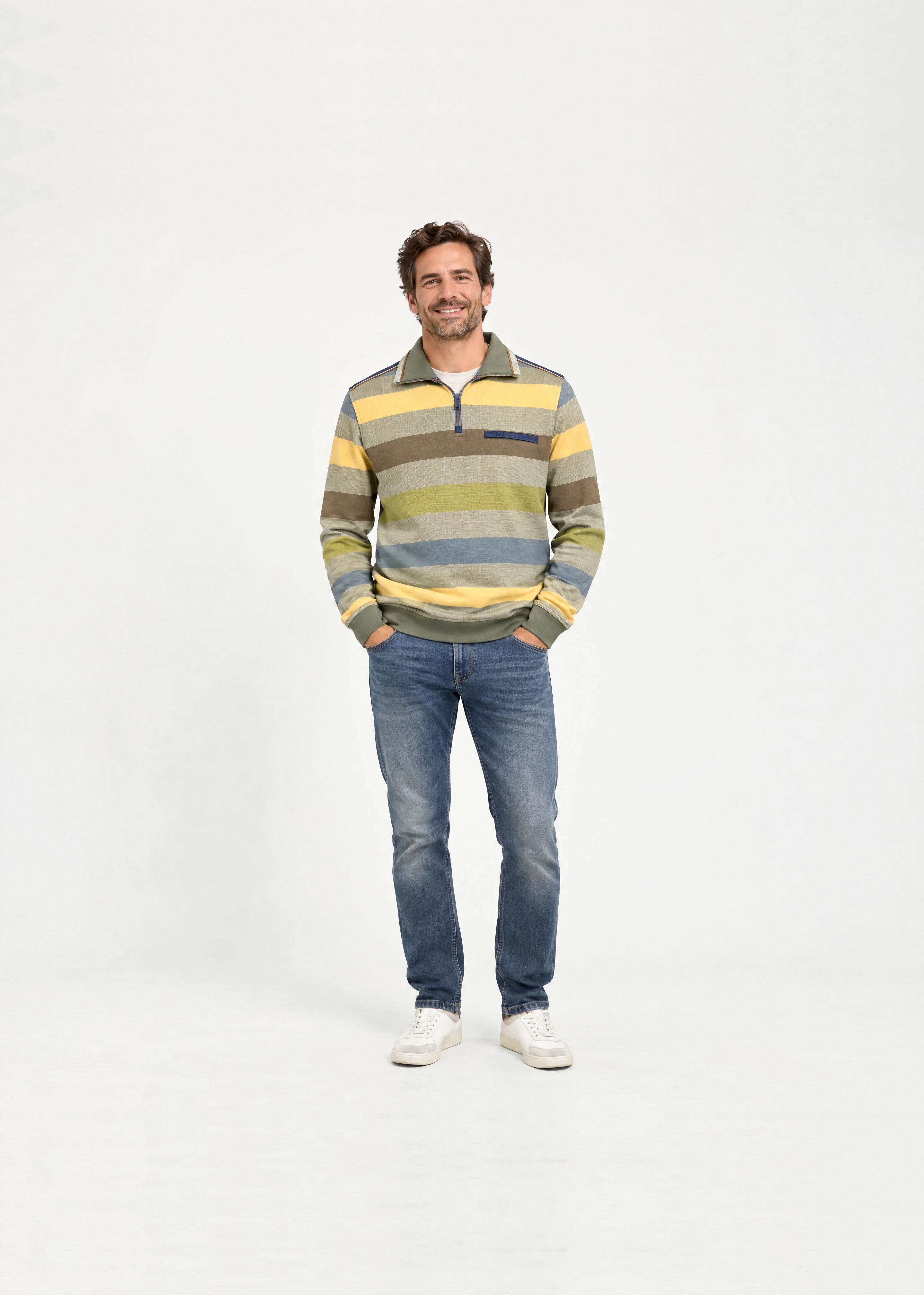 AI model image: man in a striped zip sweater and jeans, against a light background