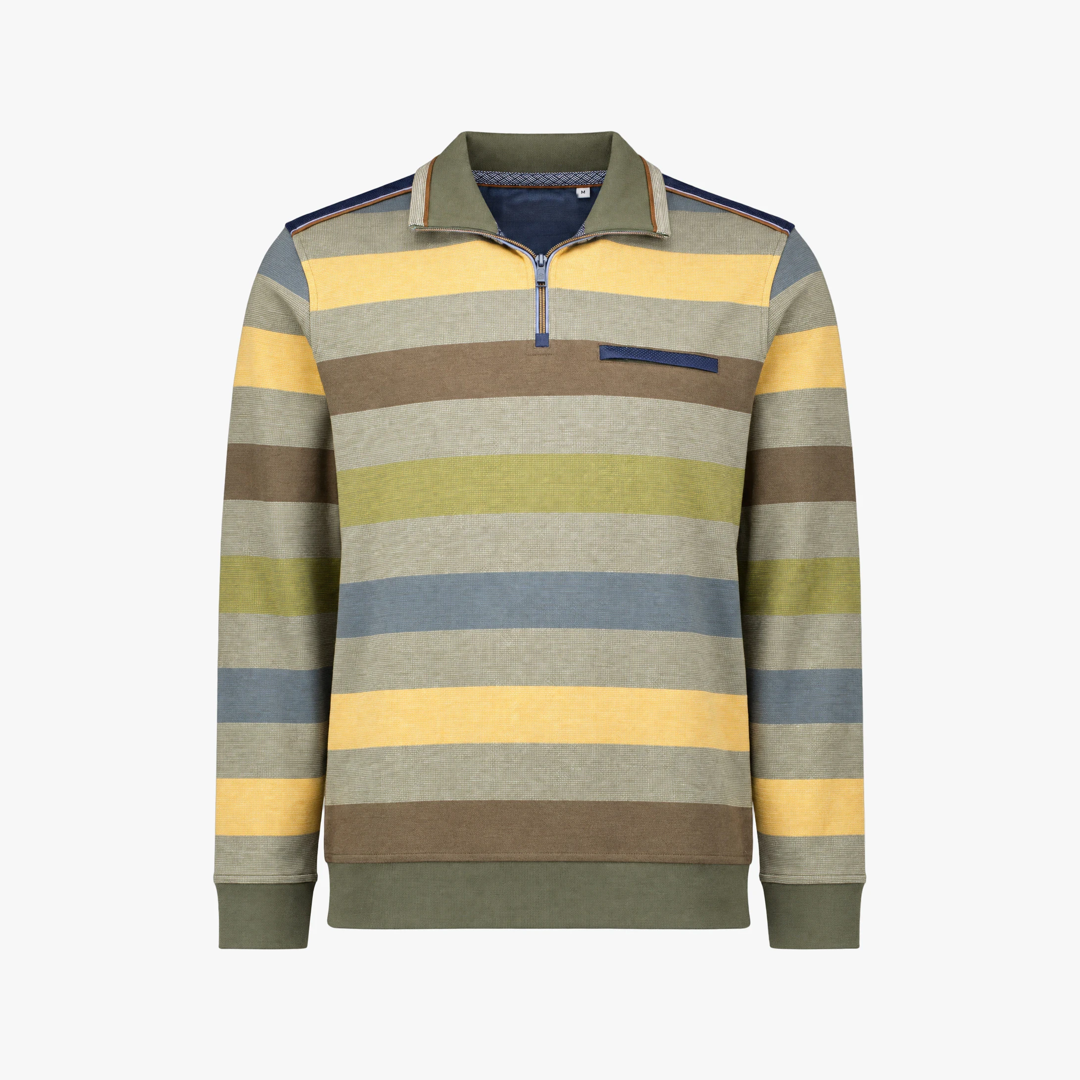 Packshot of the same striped sweater with a short zipper